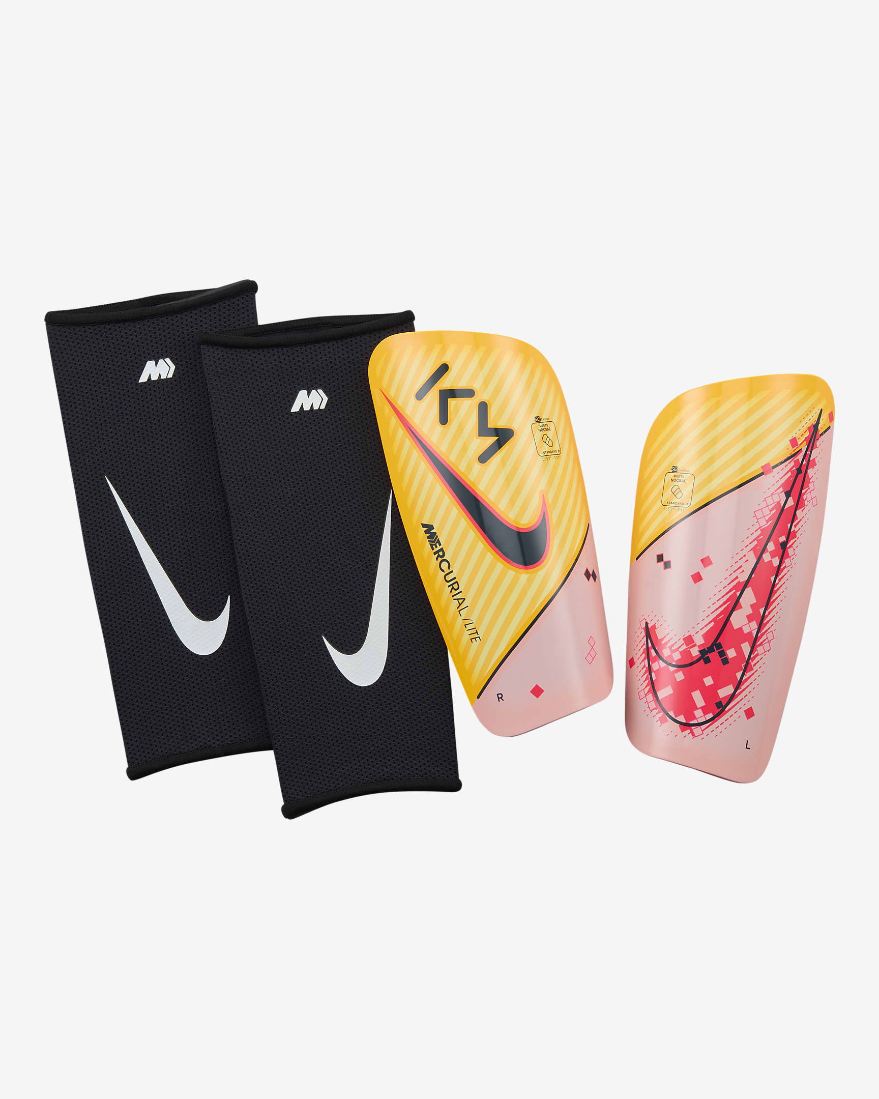 KM Mercurial Lite Nike Soccer Shin Guards - Light Laser Orange/Hyper Punch/Armory Navy