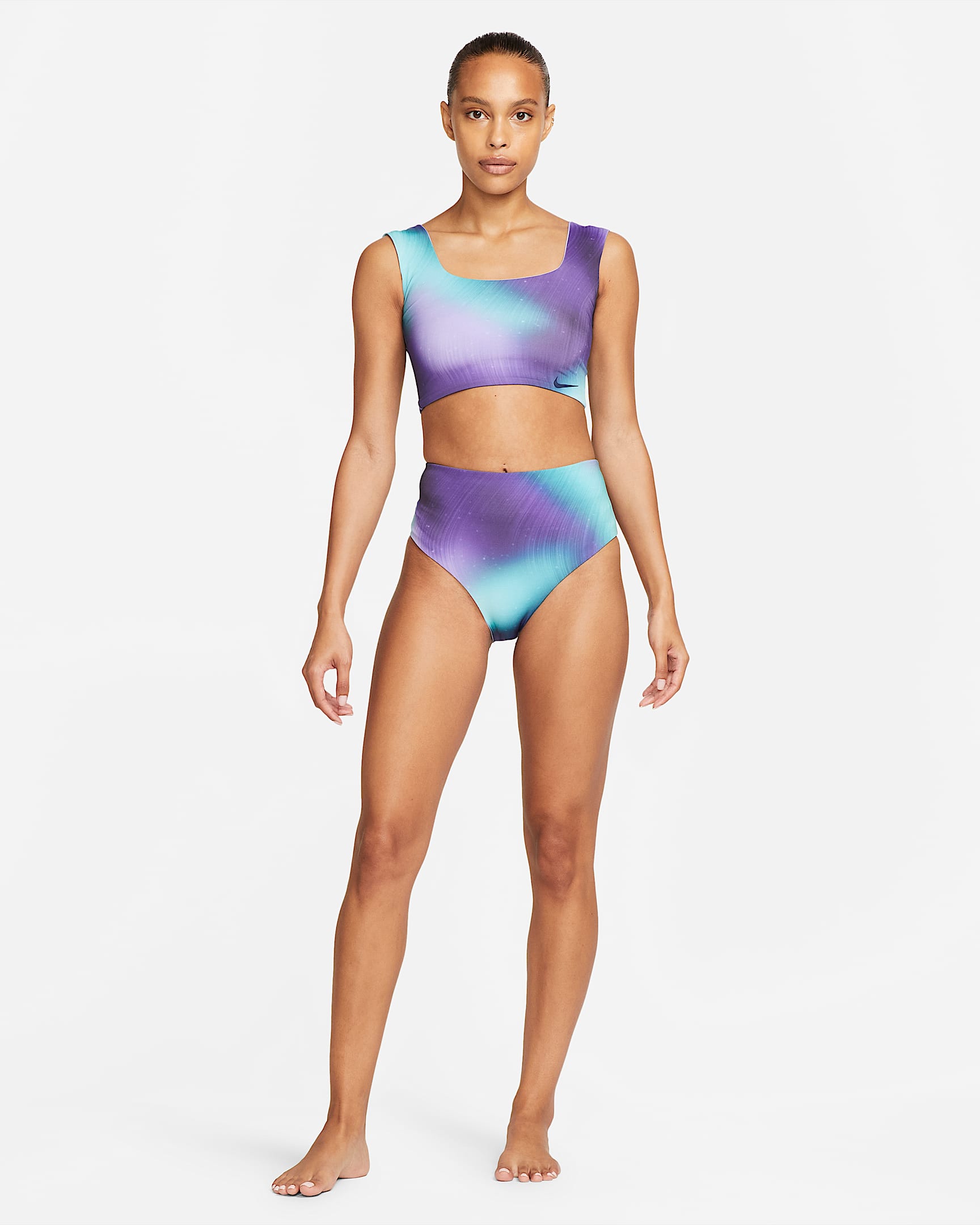Top cropped de natación reversible para mujer Nike Aurora Borealis - Morado pulso/Morado psíquico/Azul marino medianoche/Negro