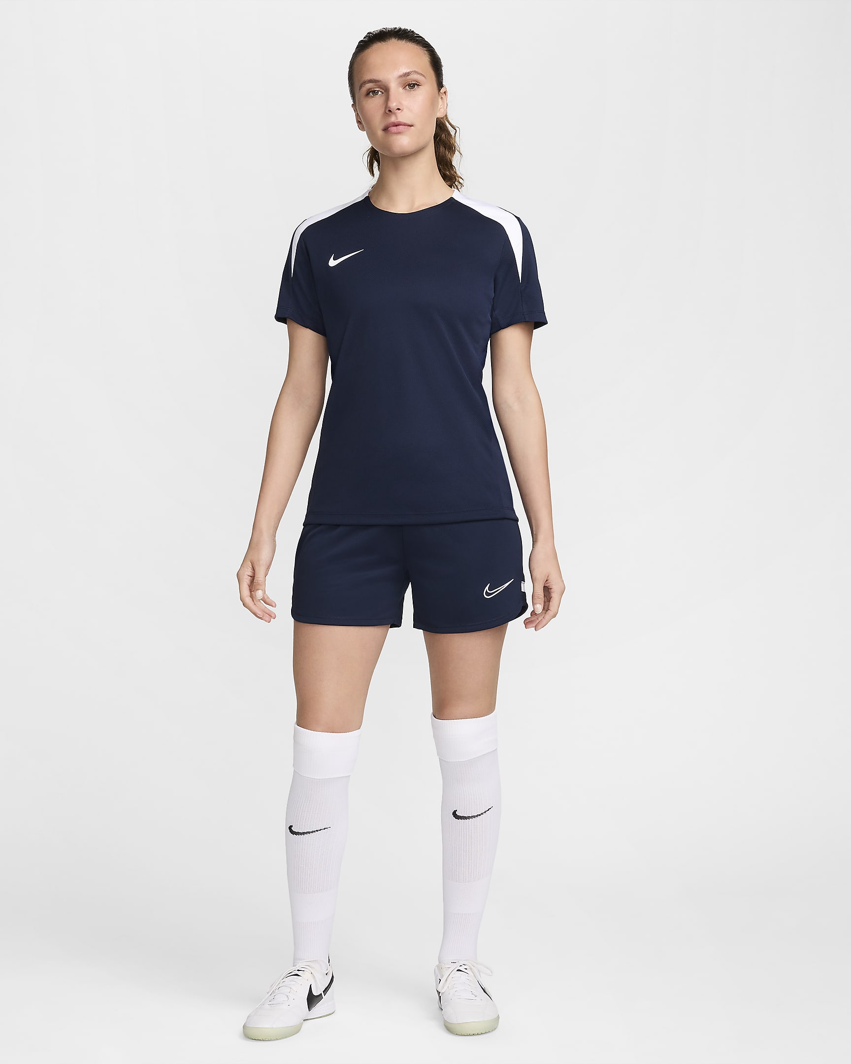 Damska koszulka piłkarska z krótkim rękawem Dri-FIT Nike Strike - Obsidian/Biel/Biel