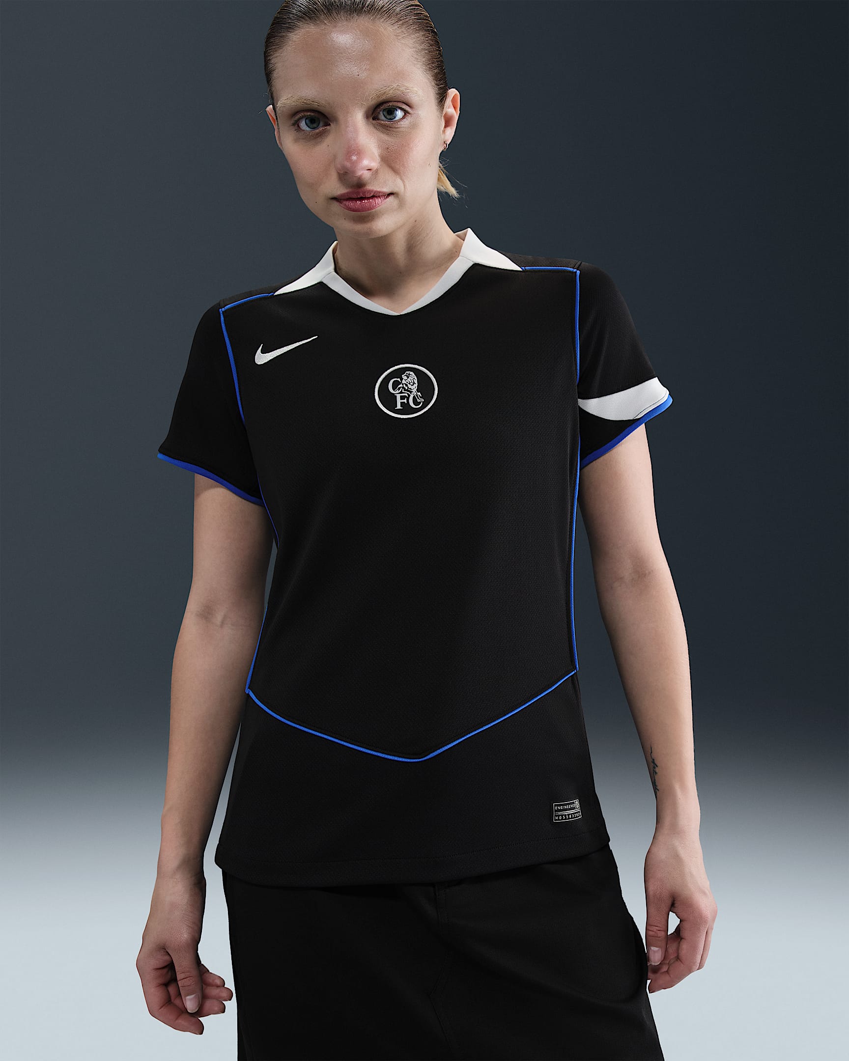 Chelsea F.C. 2025/26 Stadium Third Women's Nike Dri-FIT Total 90 Football Replica Shirt - Black/Field Silver/Game Royal/Field Silver
