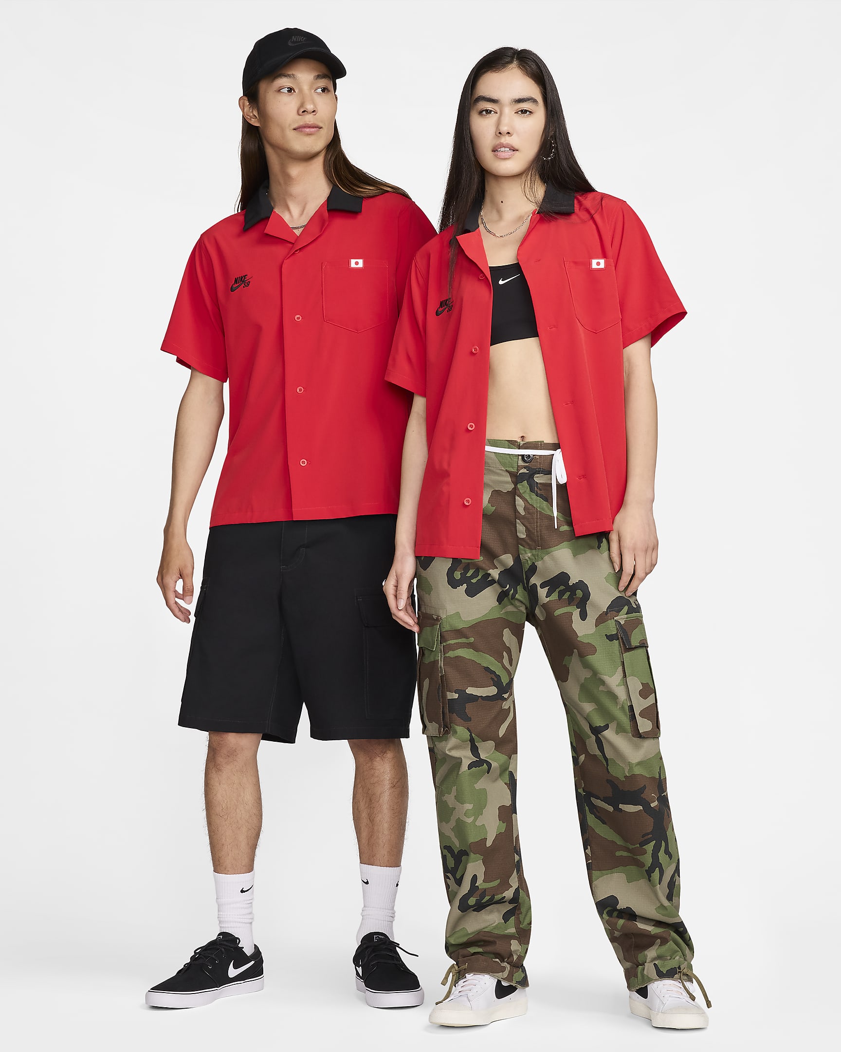 Nike SB Japan Short-Sleeve Button-Up Skate Bowling Shirt - University Red/Black