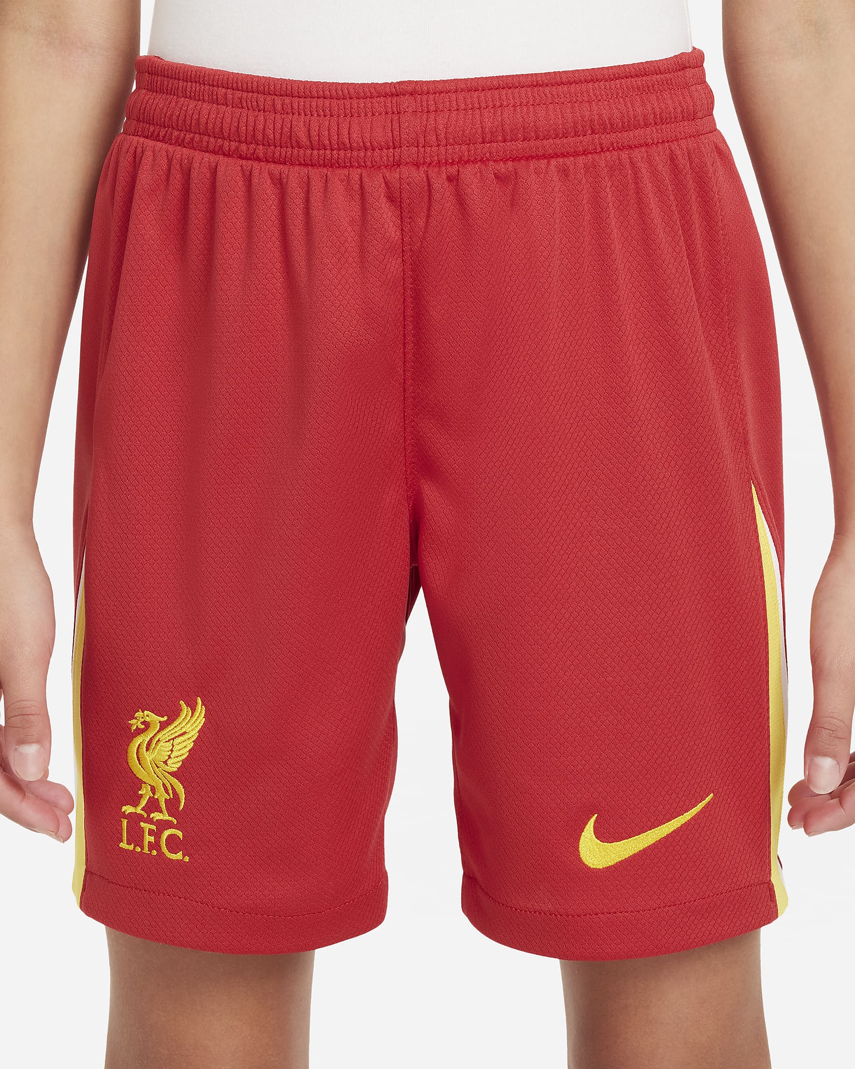 Liverpool F.C. 2024/25 Stadium Home Older Kids' Nike Dri-FIT Football Replica Shorts - Gym Red/White/Chrome Yellow