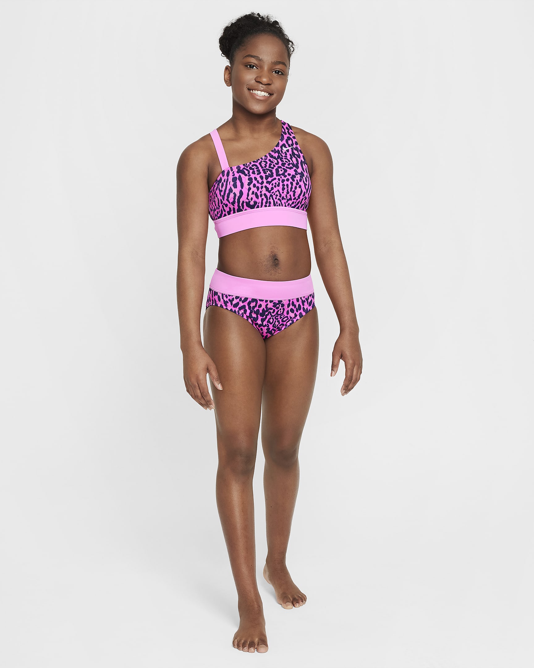 Asymmetrisk Nike Swim Wild-monokini til større børn (piger) - Fierce Pink/Midnight Navy/Playful Pink/Lilac Bloom