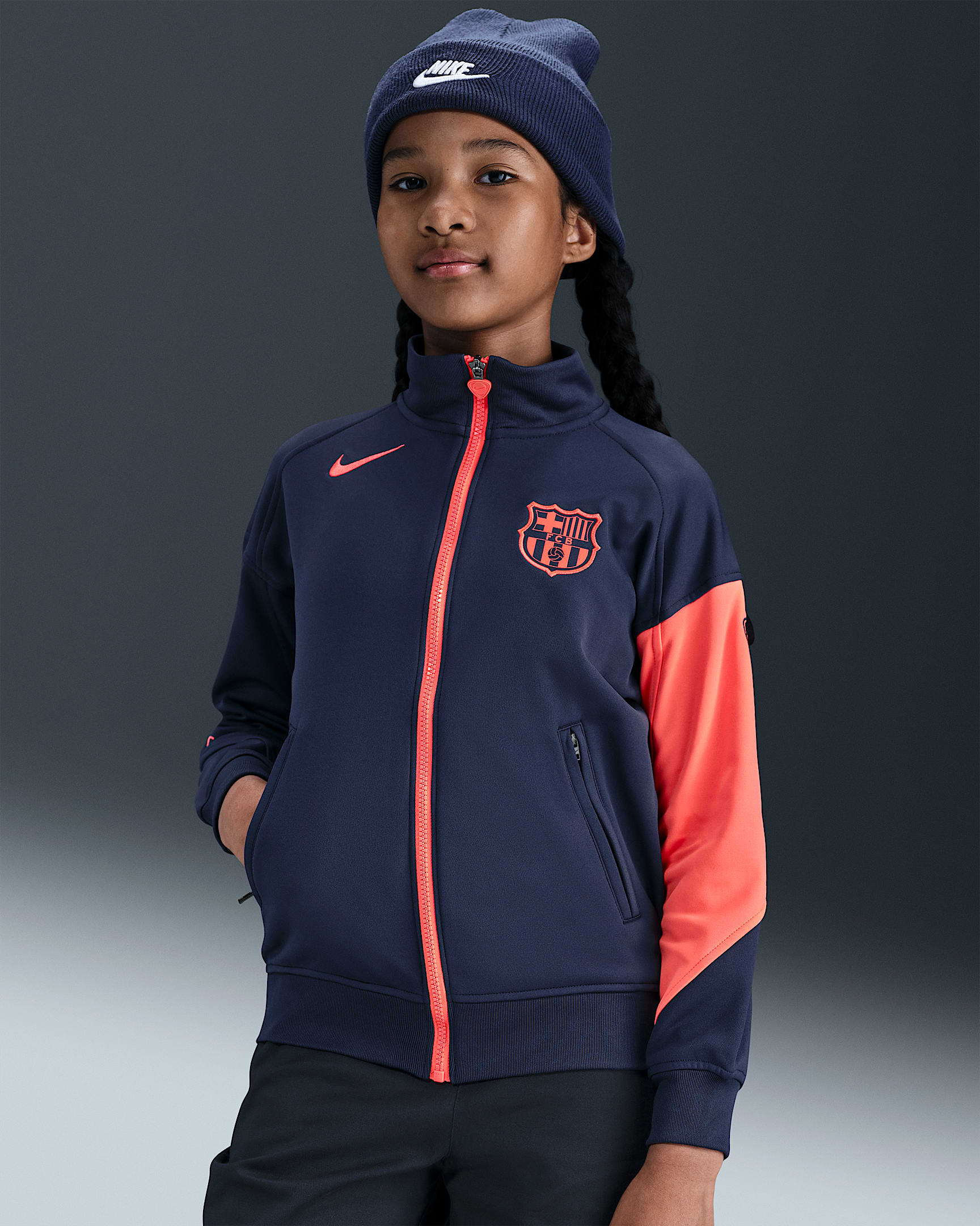 F.C. Barcelona Academy Pro Third Older Kids' Nike Dri-FIT Total 90 Football Anthem Jacket - Midnight Navy/Bright Mango/Bright Mango