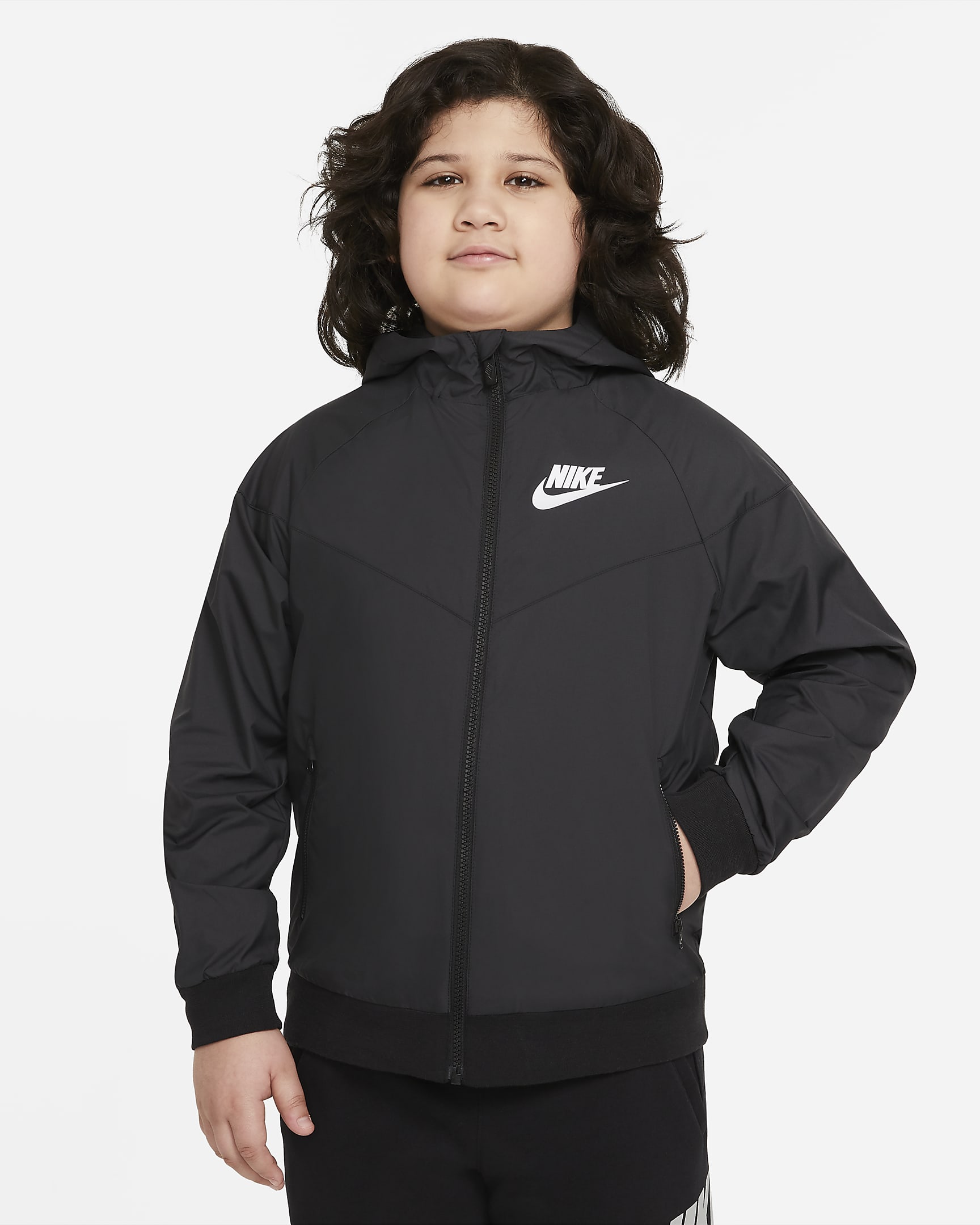 Nike Sportswear Windrunner lockere, hüftlange Jacke mit Kapuze für ältere Kinder (Jungen) (erweiterte Größen) - Schwarz/Schwarz/Schwarz/Weiß