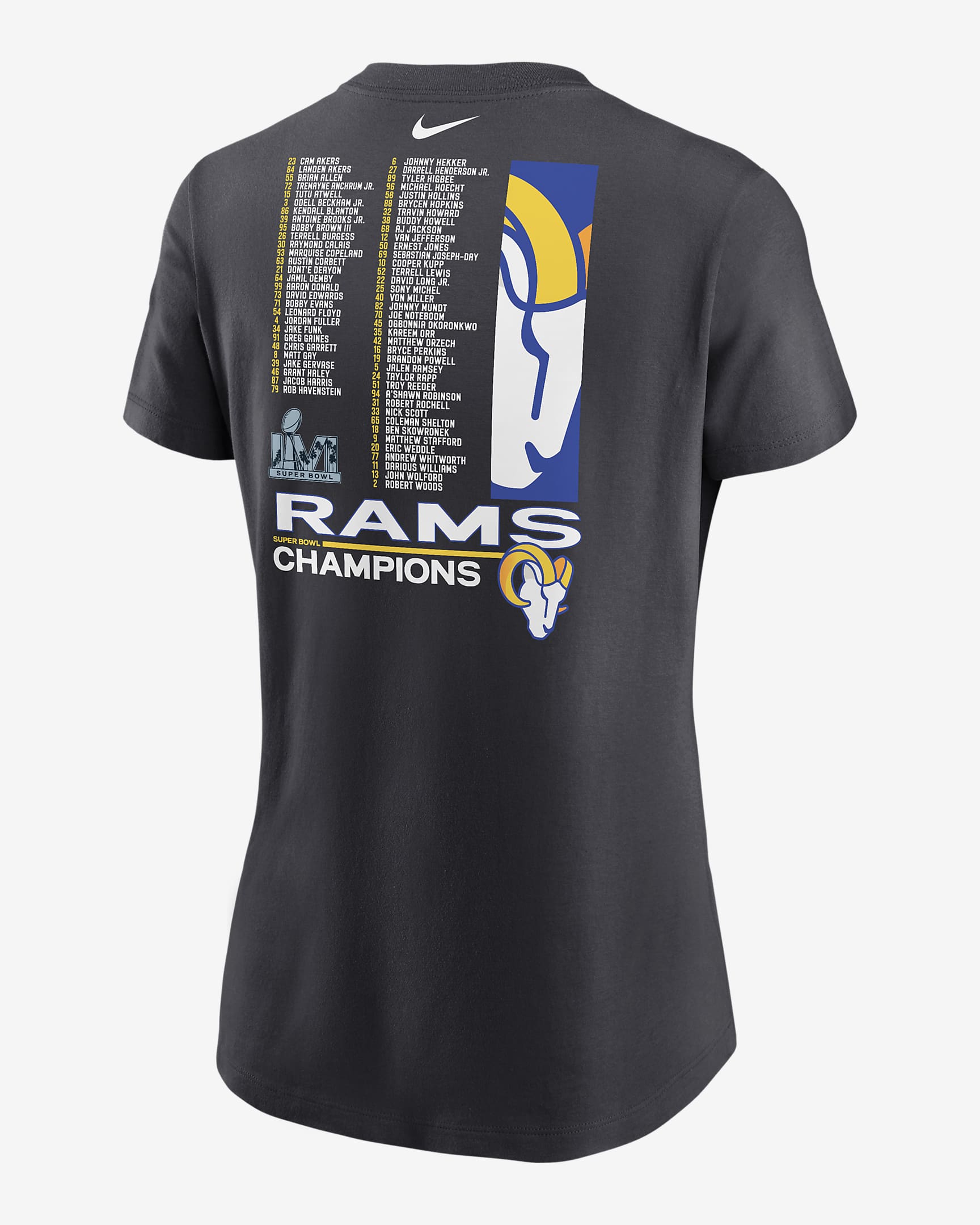 Nike Super Bowl LVI Champions Roster (NFL Los Angeles Rams) Women's T 
