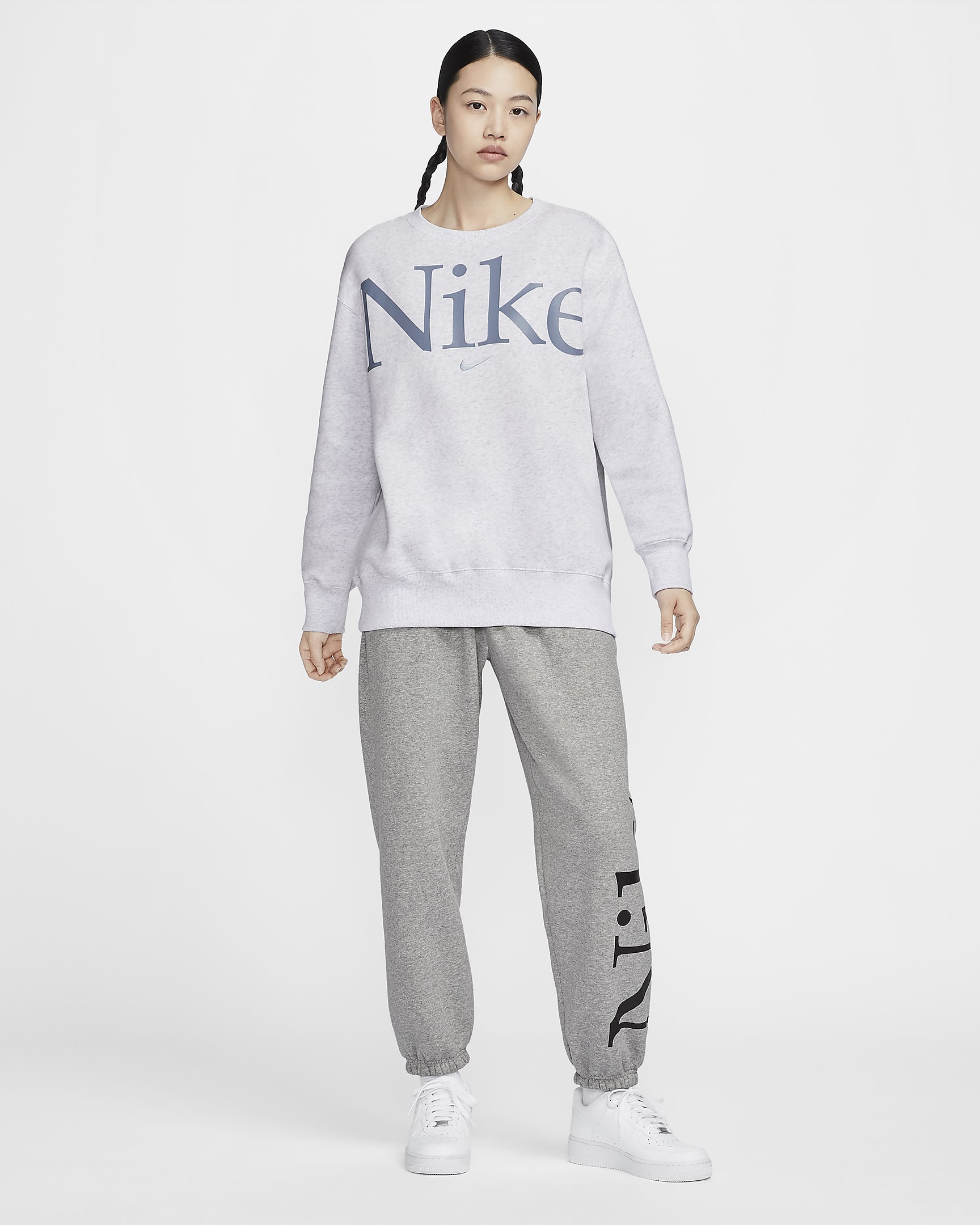 Nike Sportswear Phoenix Fleece Women's Oversized Crew-Neck Logo Sweatshirt - Birch Heather/Ashen Slate/Light Armoury Blue