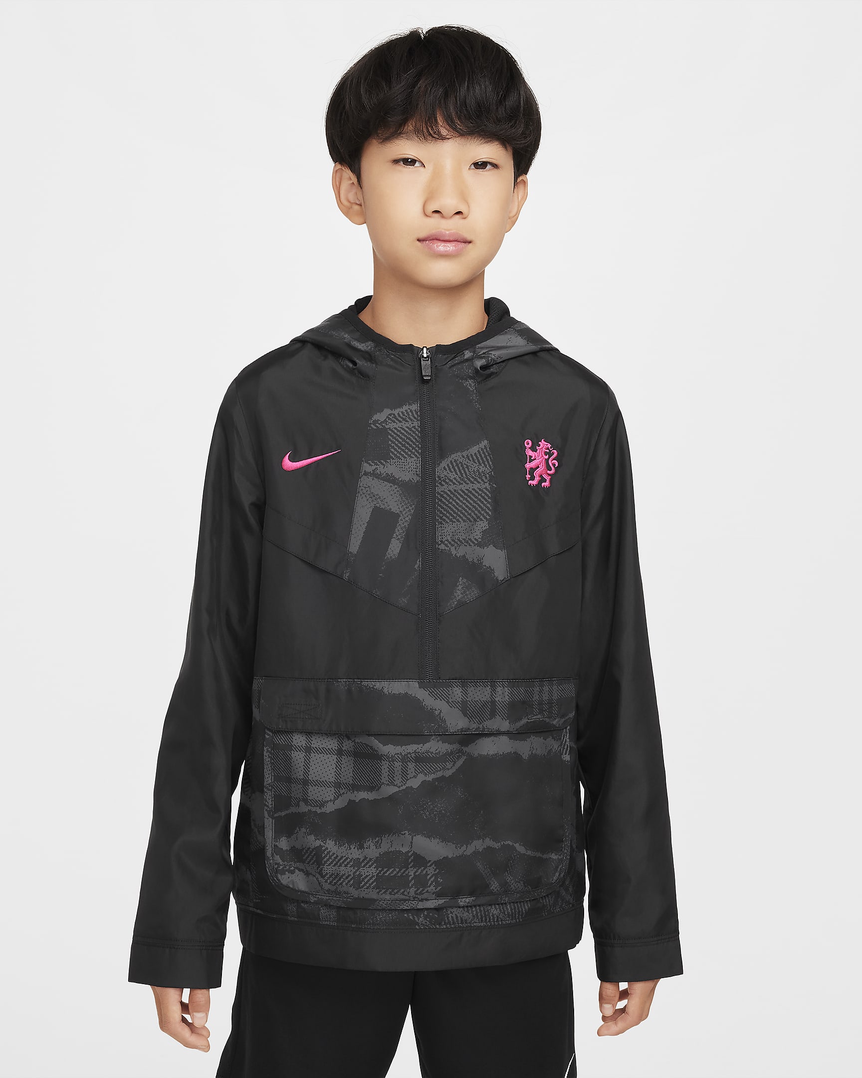 Chamarra tipo anorak de fútbol Nike del Chelsea FC alternativa Amplify Windrunner para niño talla grande - Negro/Negro/Rosa óptimo