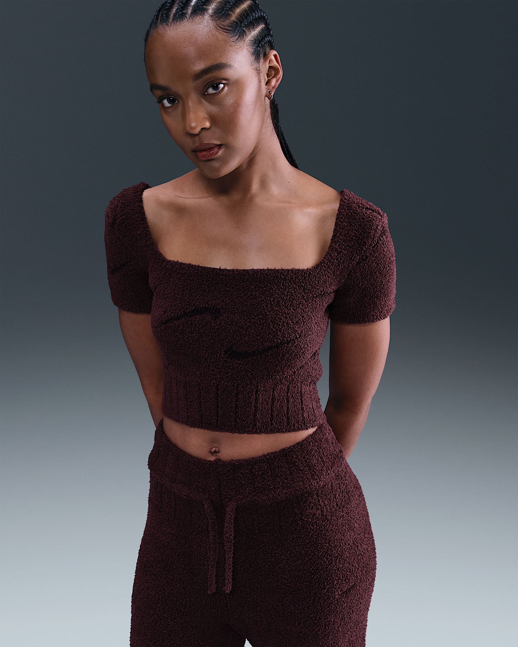 Nike Sportswear Phoenix Cozy Bouclé Women's Short-Sleeve Cropped Knit Top - Burgundy Crush/Burgundy Ash/Burgundy Crush