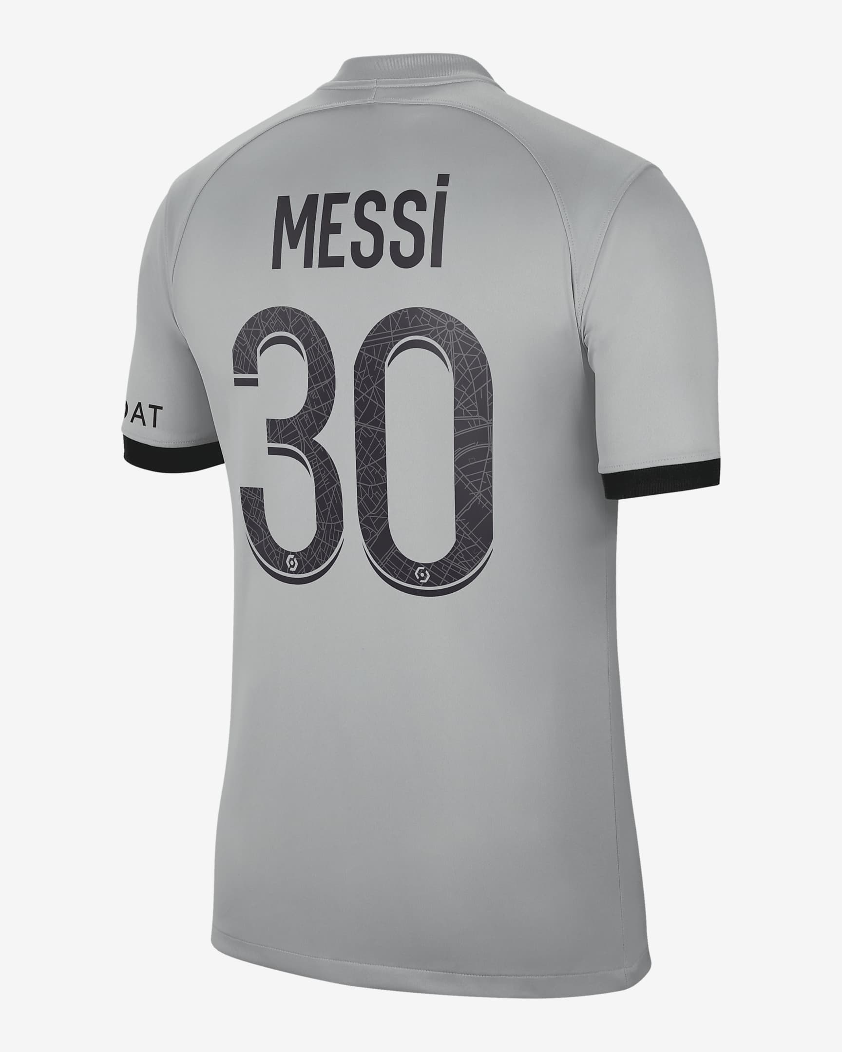 Jersey de fútbol Nike Dri-FIT para niños talla grande del Paris Saint-Germain visitante (Lionel Messi) 2022/23 Stadium - Gris humo claro/Negro