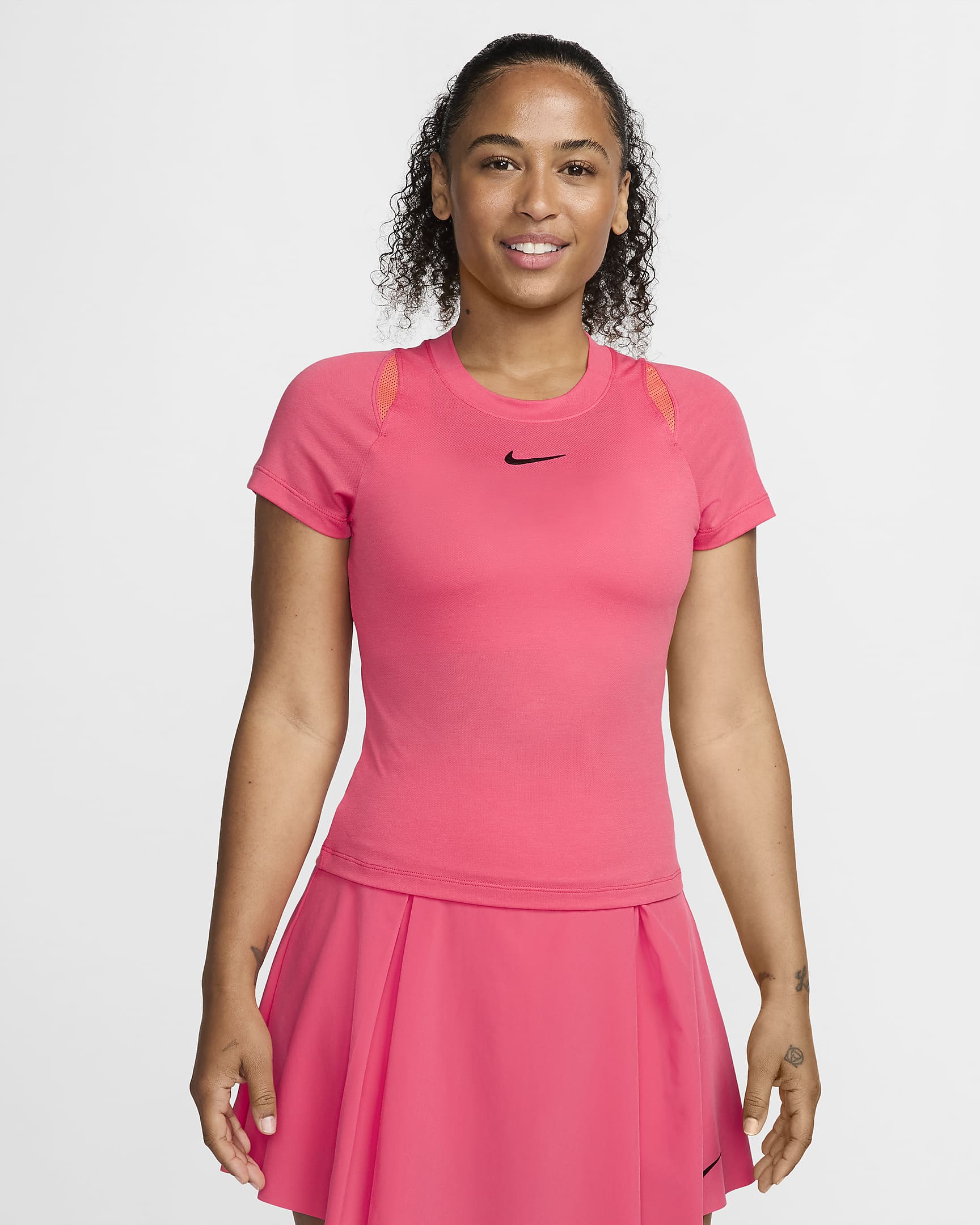 Γυναικεία κοντομάνικη μπλούζα τένις Dri-FIT NikeCourt Advantage - Aster Pink/Aster Pink/Light Wild Mango/Μαύρο