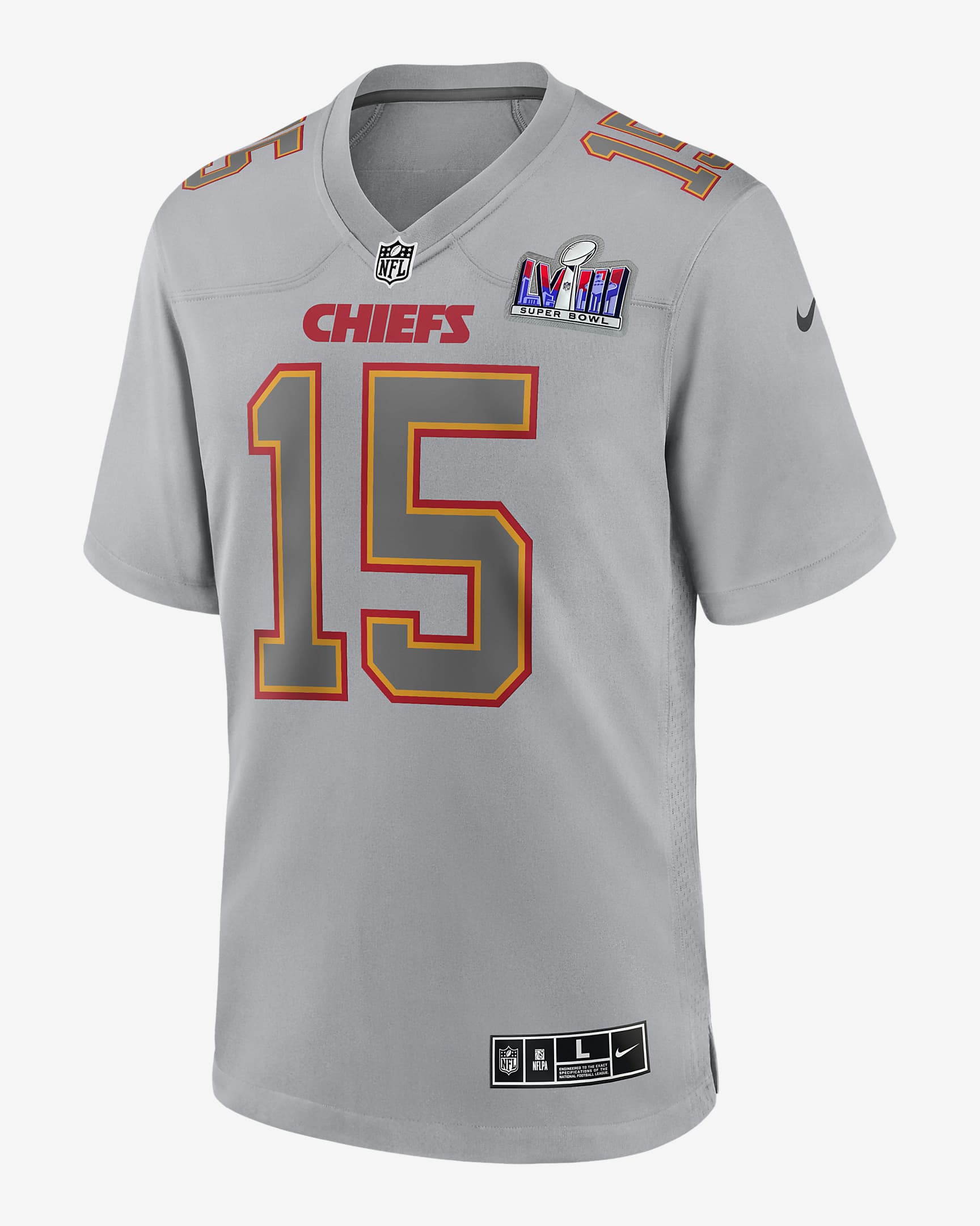 Jersey Game Nike de la NFL Atmosphere para hombre Patrick Mahomes Kansas City Chiefs Super Bowl LVIII - Gris