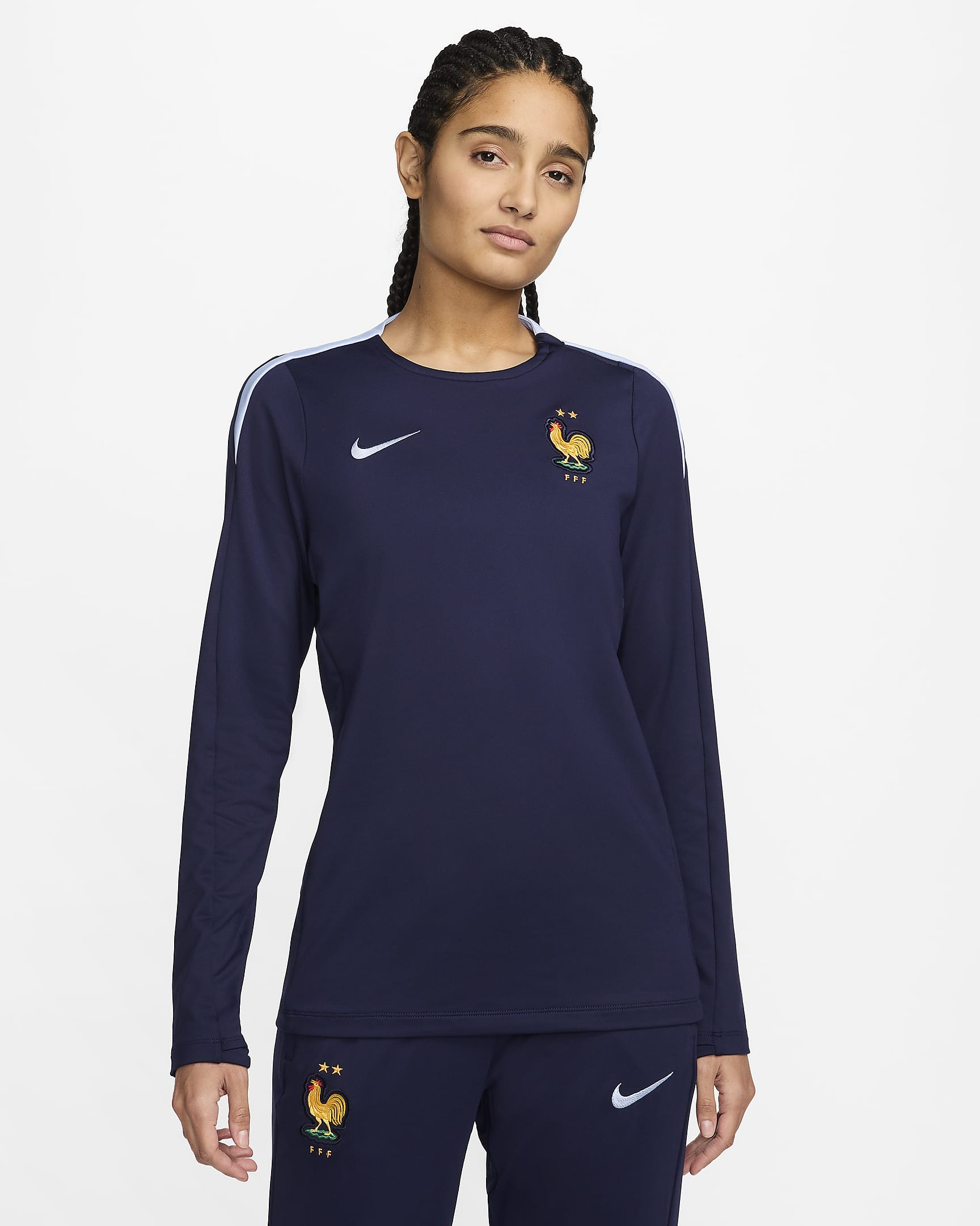 FFF Strike Nike Dri-FIT voetbaltop met ronde hals voor dames - Blackened Blue/Cobalt Bliss/Cobalt Bliss