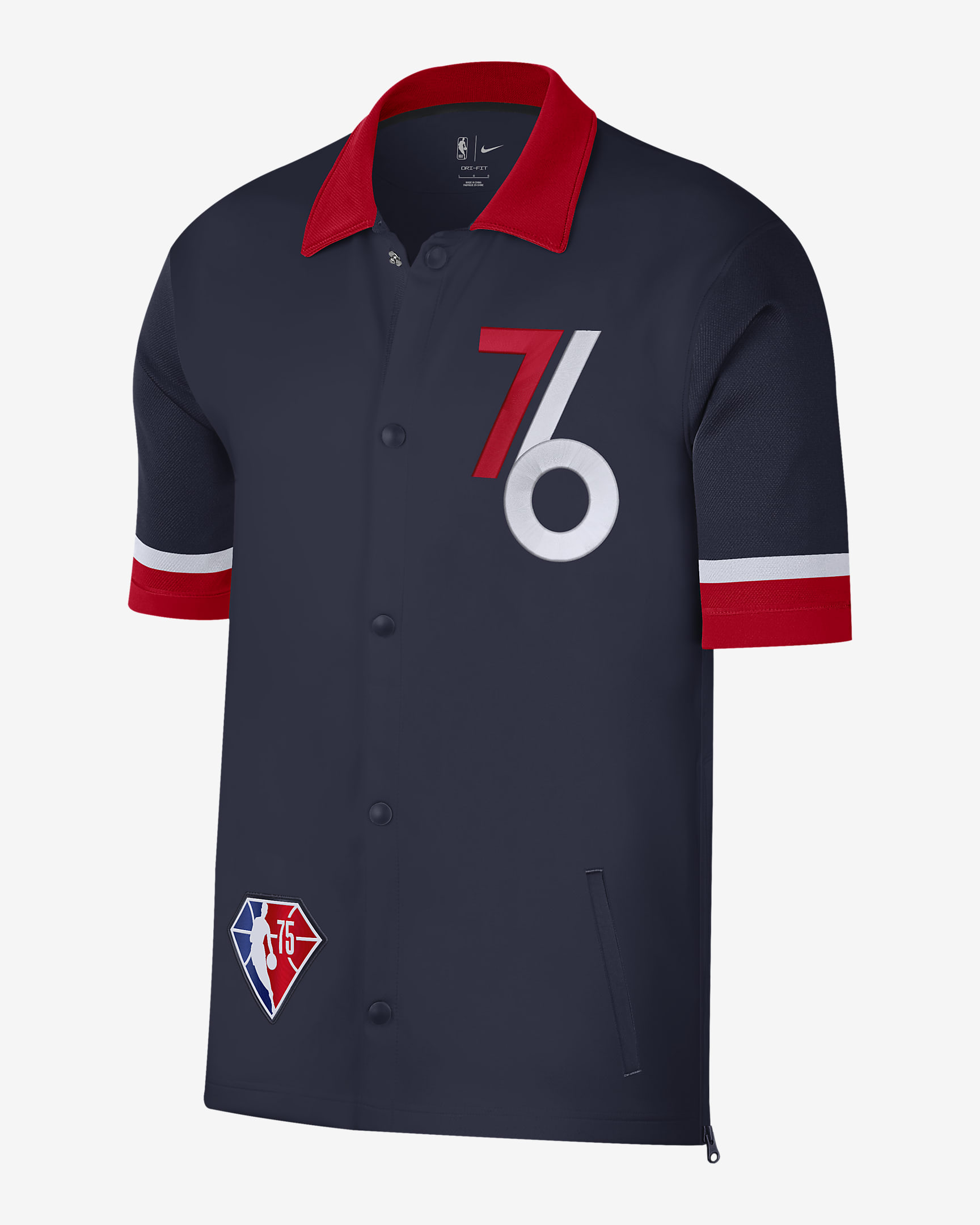 Chamarra de manga corta Nike Dri-FIT de la NBA para hombre Philadelphia 76ers Showtime City Edition - Azul marino universitario/Rojo universitario/Blanco