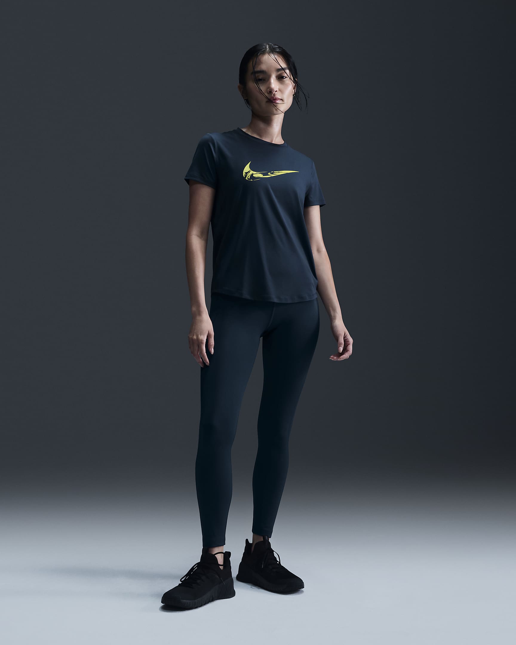 Nike One Women's Dri-FIT Short-Sleeve Graphic Running Top - Armoury Navy/Bright Cactus