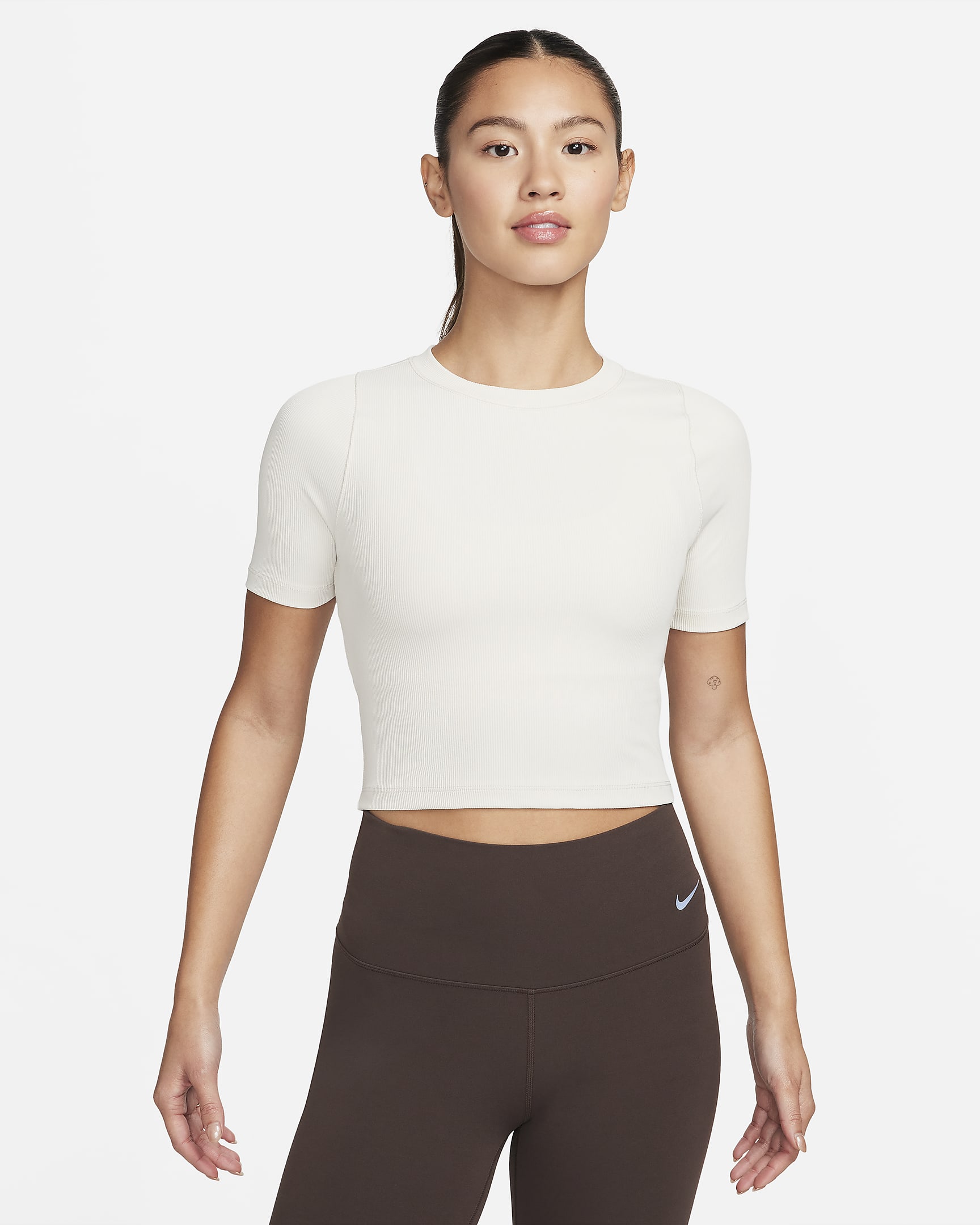 ナイキ ゼンビー リブ ウィメンズ Dri-FIT ショートスリーブ クロップド トップ - ライトオールウッドブラウン/ホワイト