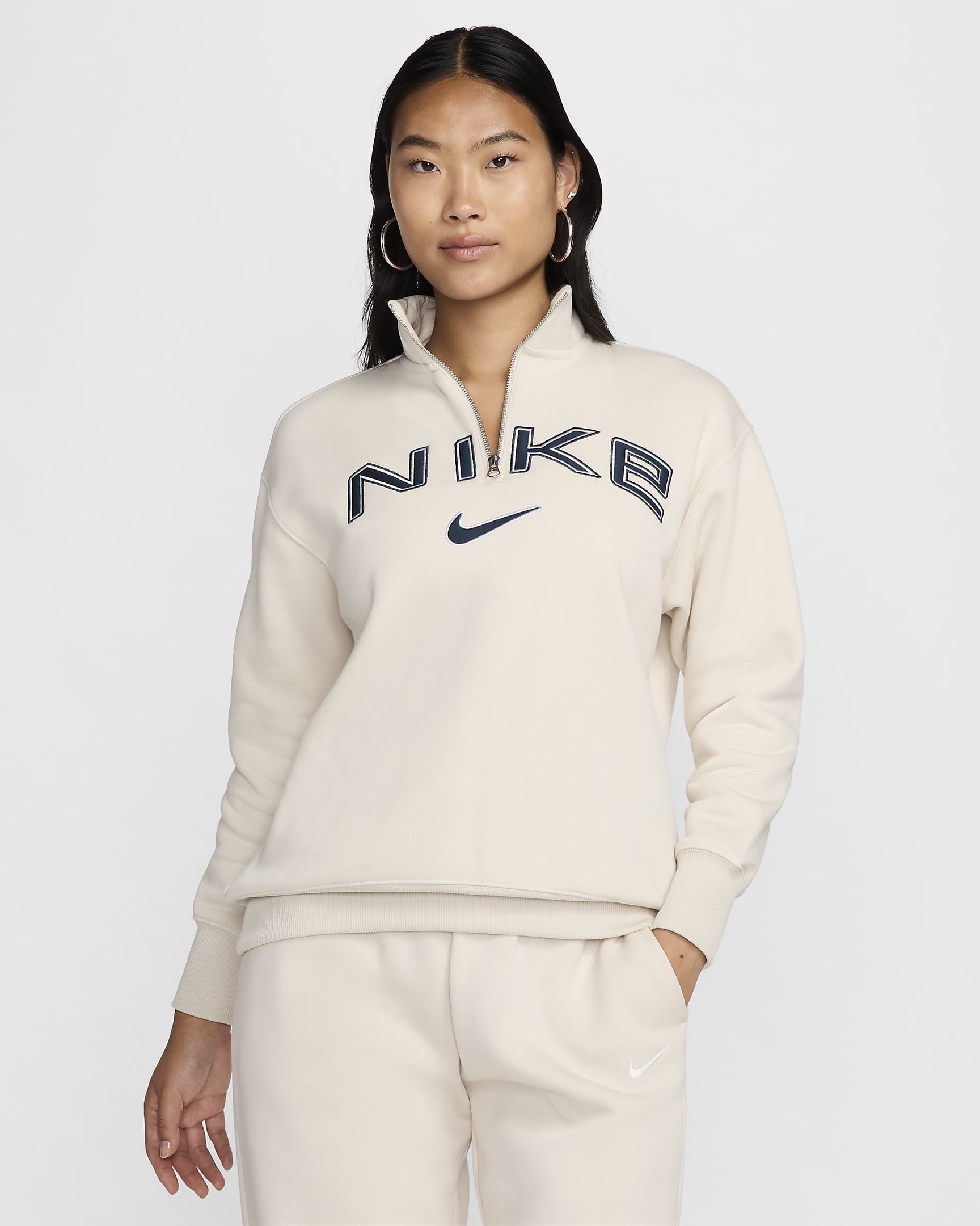 Nike Sportswear Phoenix Fleece Women's Oversized 1/4-Zip Logo Top - Light Orewood Brown/White/Armoury Navy