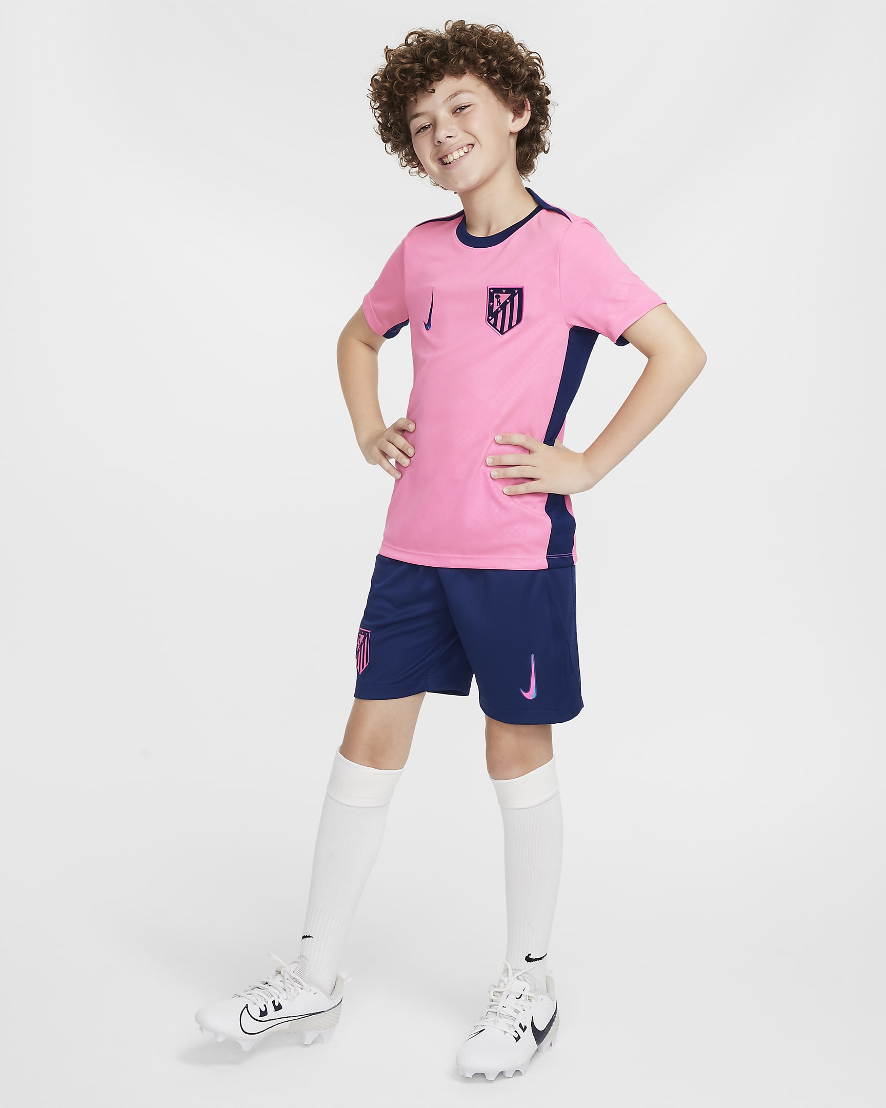 Atlético Madrid Academy Pro harmadik Nike Dri-FIT mérkőzés előtti futballfelső nagyobb gyerekeknek - Pink Glow/Blue Void/Blue Void