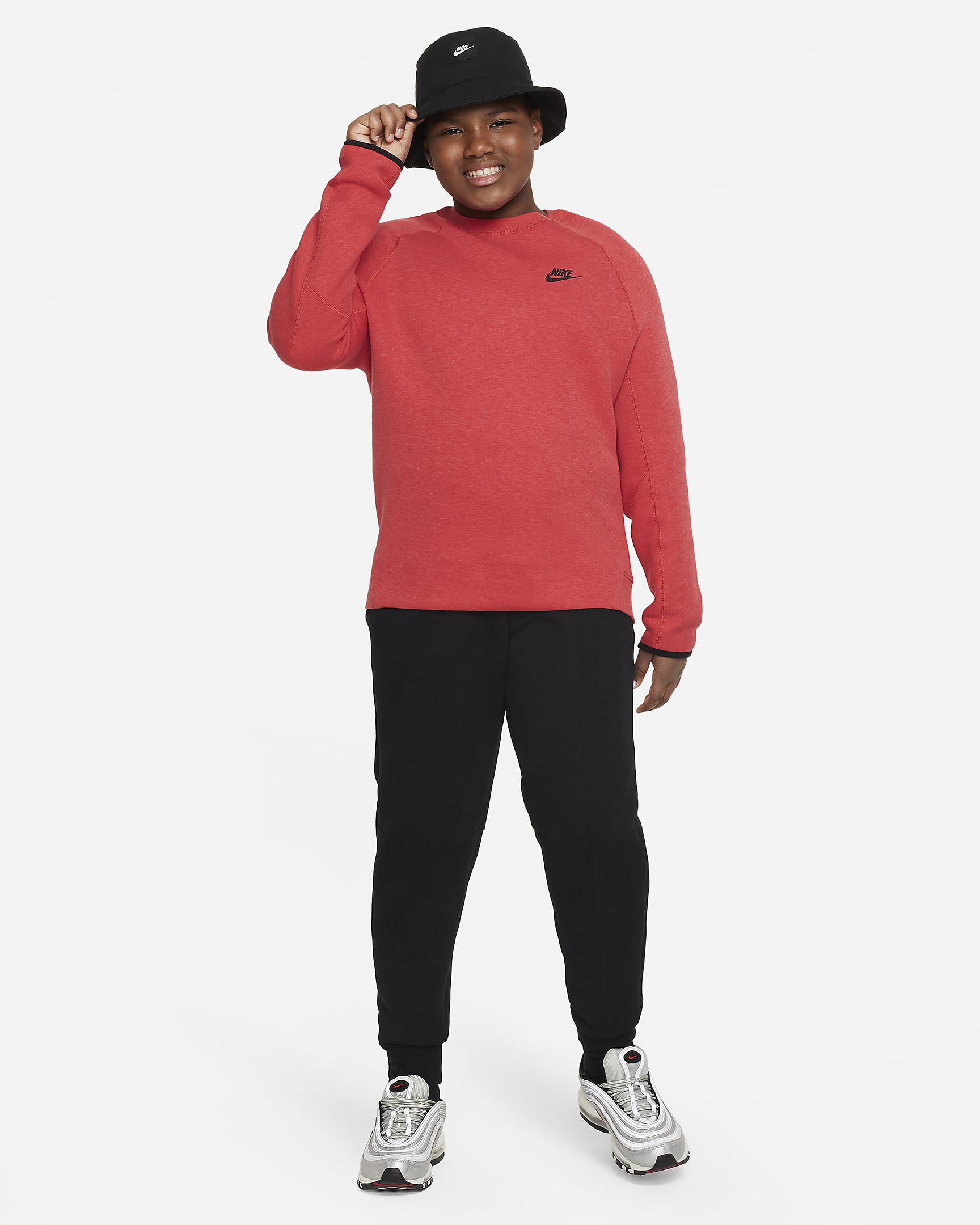 Nike Sportswear Tech Fleece Big Kids' (Boys') Sweatshirt (Extended Size) - Light University Red Heather/Black/Black