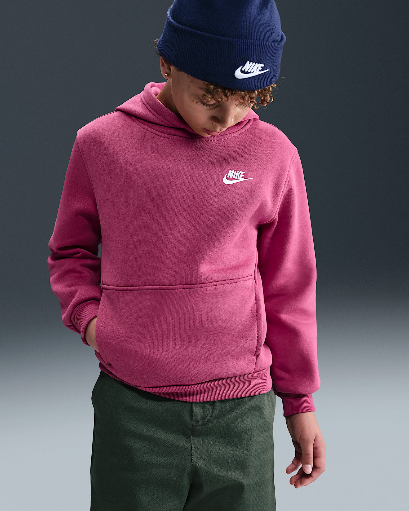 Nike Sportswear Club Fleece Big Kids' Pullover Hoodie - Sweet Beet/White