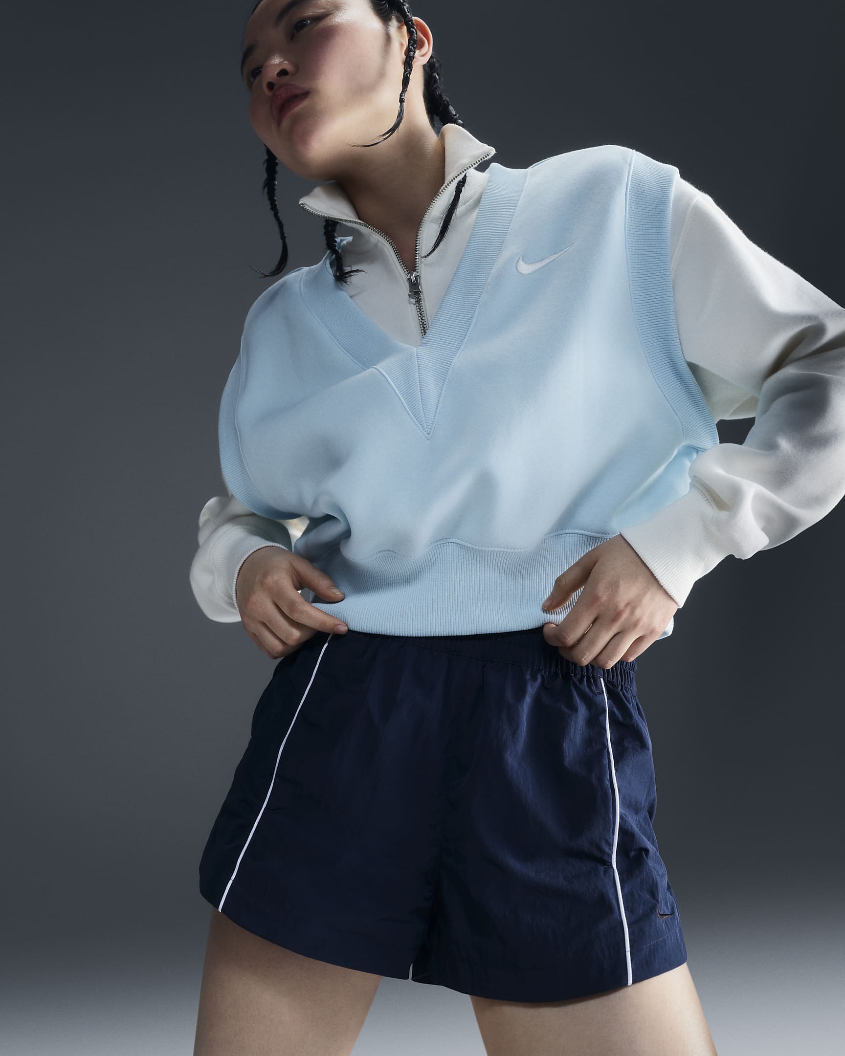 Top corto e ampio senza maniche con scollo a V Nike Sportswear Phoenix Fleece – Donna - Glacier Blue/Sail