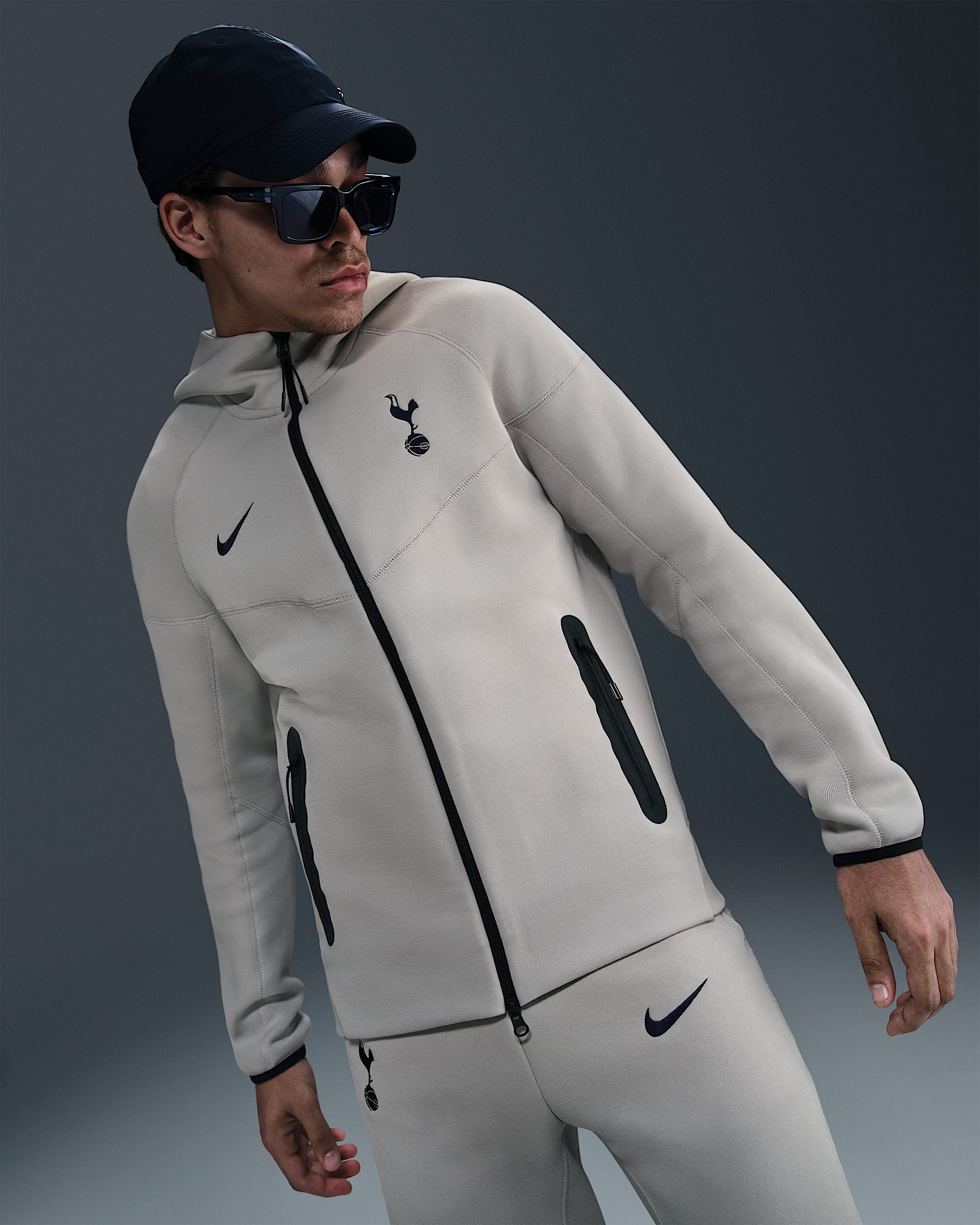 Tottenham Hotspur Tech Windrunner Nike Tam Boy Fermuarlı Fleece Erkek Kapüşonlu Futbol Üstü - Light Iron Ore/Binary Blue