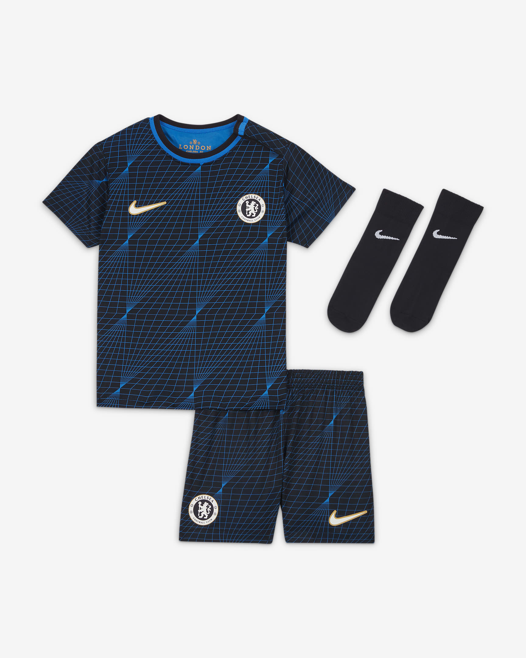 Chelsea F.C. 2023/24 Away Baby/Toddler Nike Dri-FIT 3-Piece Kit. Nike BE