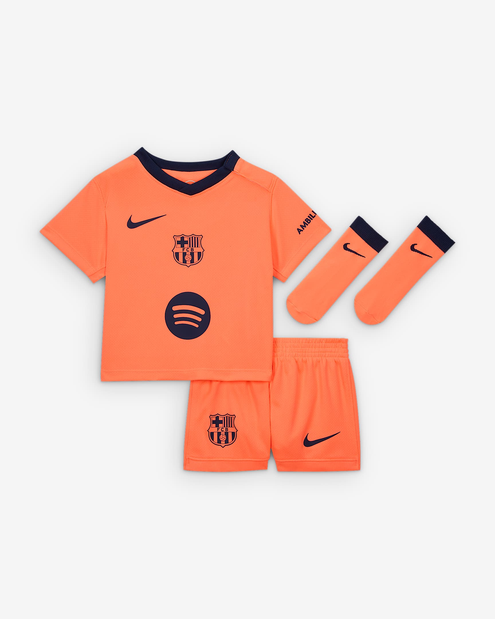 F.C. Barcelona 2025/26 Stadium Third Baby/Toddler Nike Total 90 Football Replica 3-Piece Kit - Bright Mango/Midnight Navy/Midnight Navy