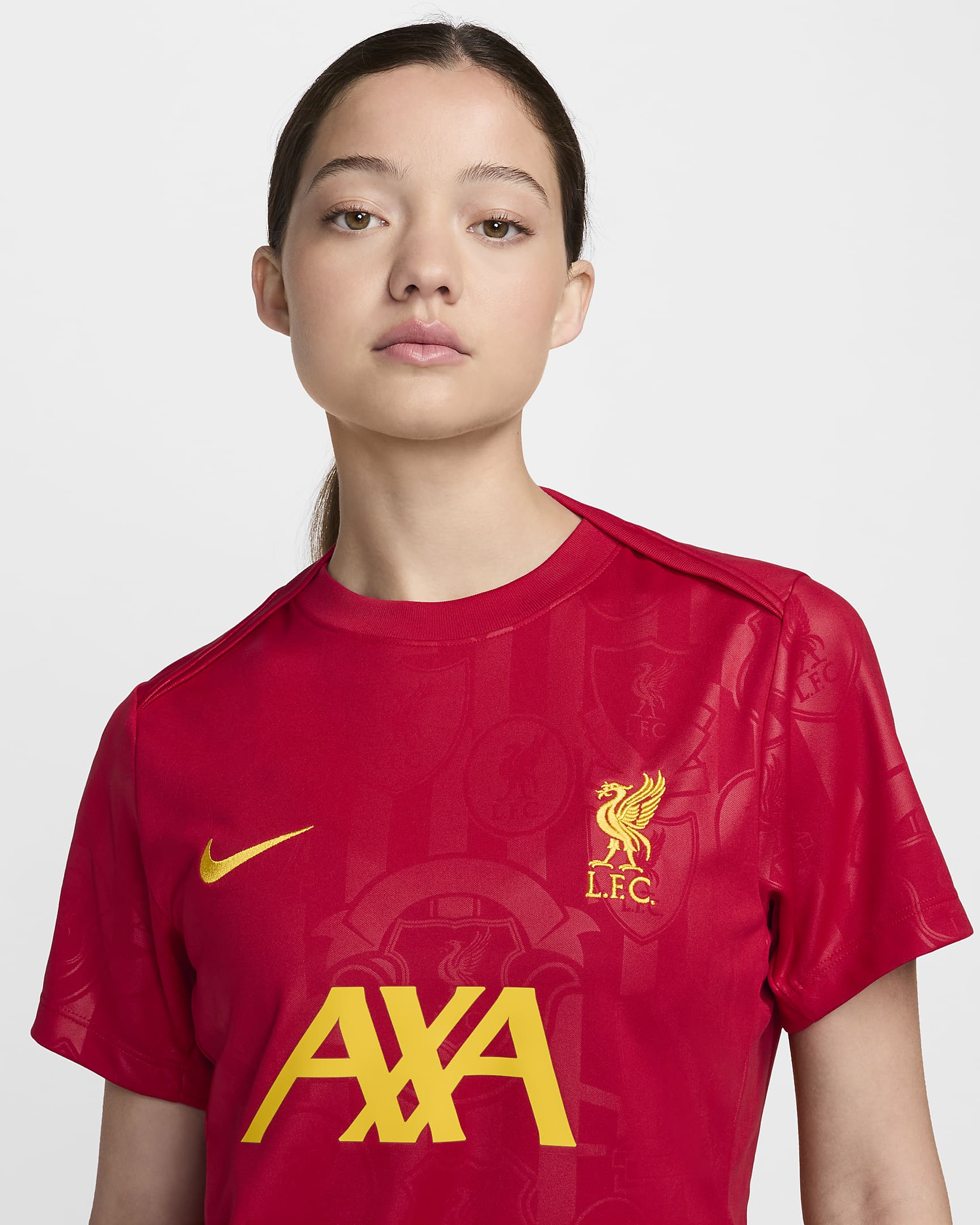 Liverpool FC Academy Pro Nike Dri-FIT kortermet fotballtrøye for oppvarming til dame - Gym Red/Chrome Yellow/Chrome Yellow