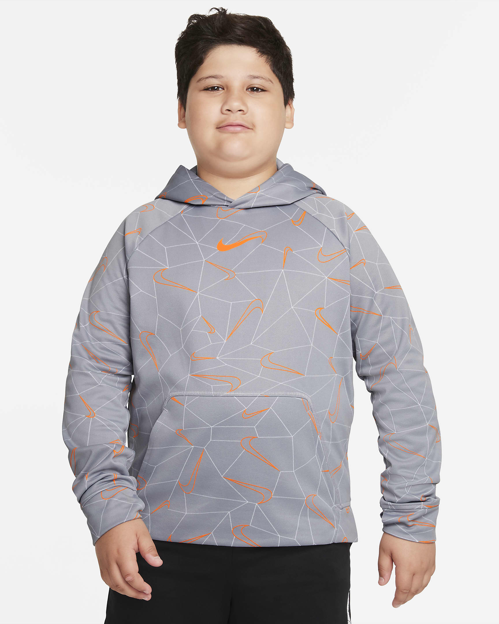 Nike Therma-FIT Big Kids' (Boys') Printed Pullover Hoodie (Extended Size) - Light Smoke Grey/Total Orange