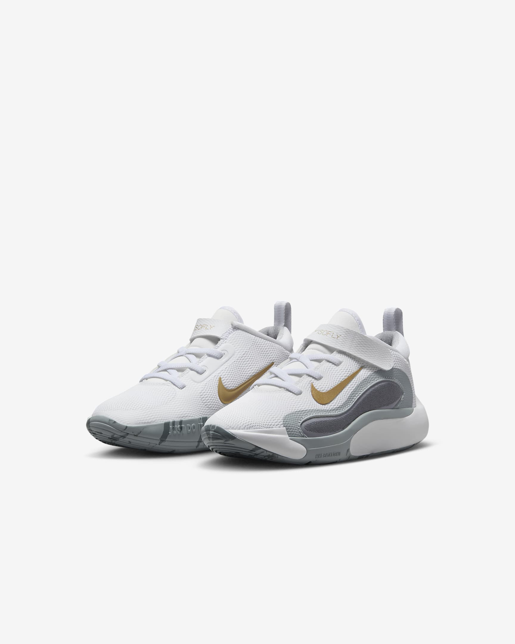 Tenis para niños de preescolar Nike IsoFly - Blanco/Gris azulado/Gris lobo/Estrella de oro metálico