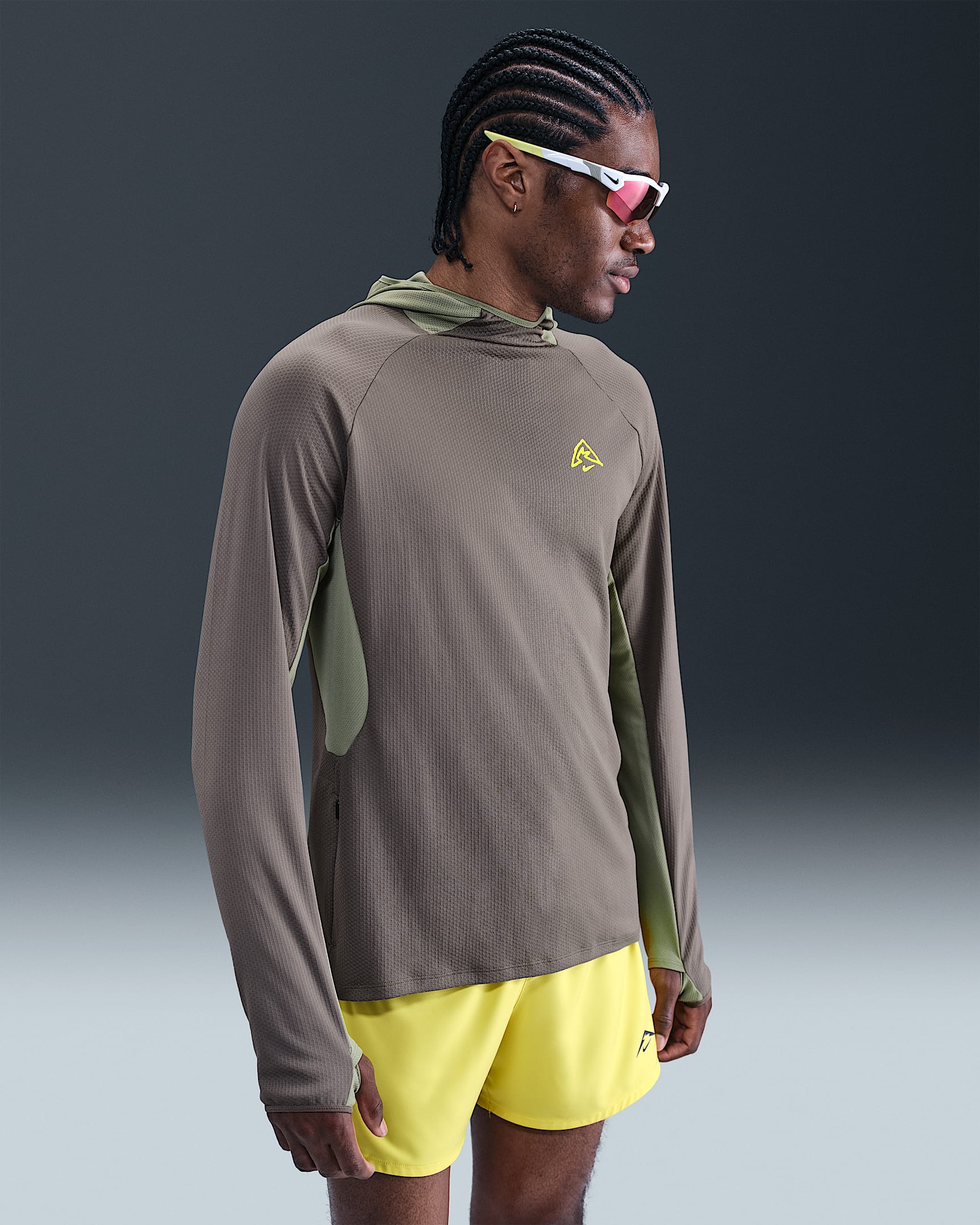 Nike Men's Dri-FIT UV Hooded Running Top - Cave Stone/Light Army/Lightning