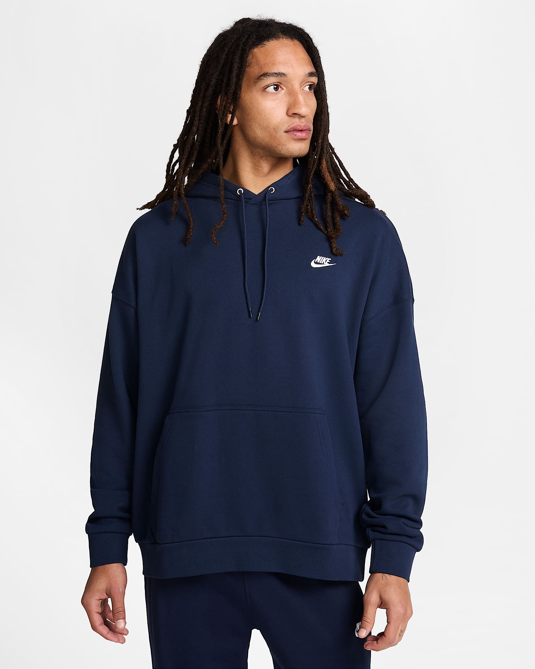Męska bluza z kapturem z dzianiny dresowej o kroju oversize Nike Club Fleece - Obsidian/Obsidian/Biel