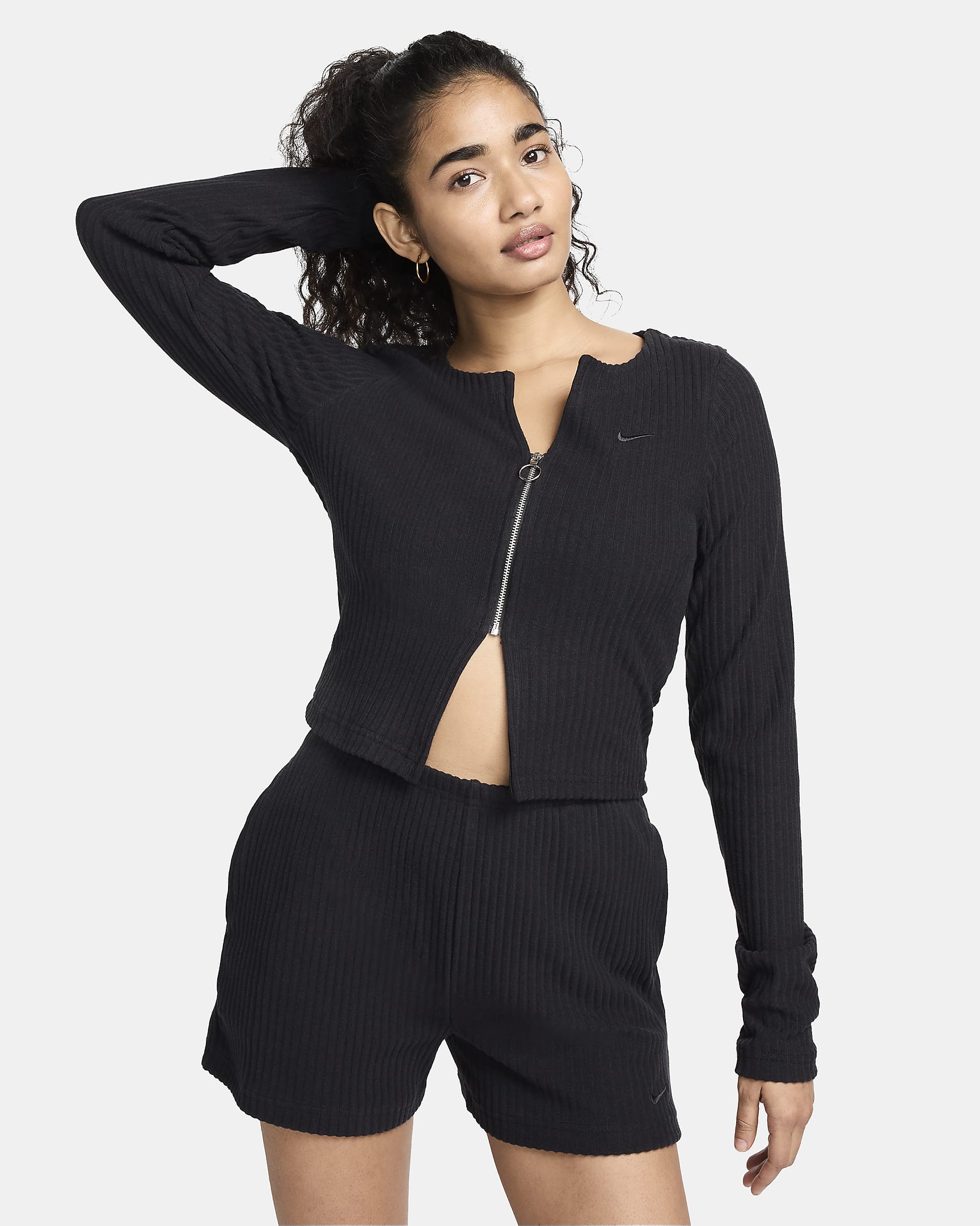 Nike Sportswear Chill Rib schmal geschnittene Strickjacke mit durchgehendem Reißverschluss (Damen) - Schwarz/Schwarz