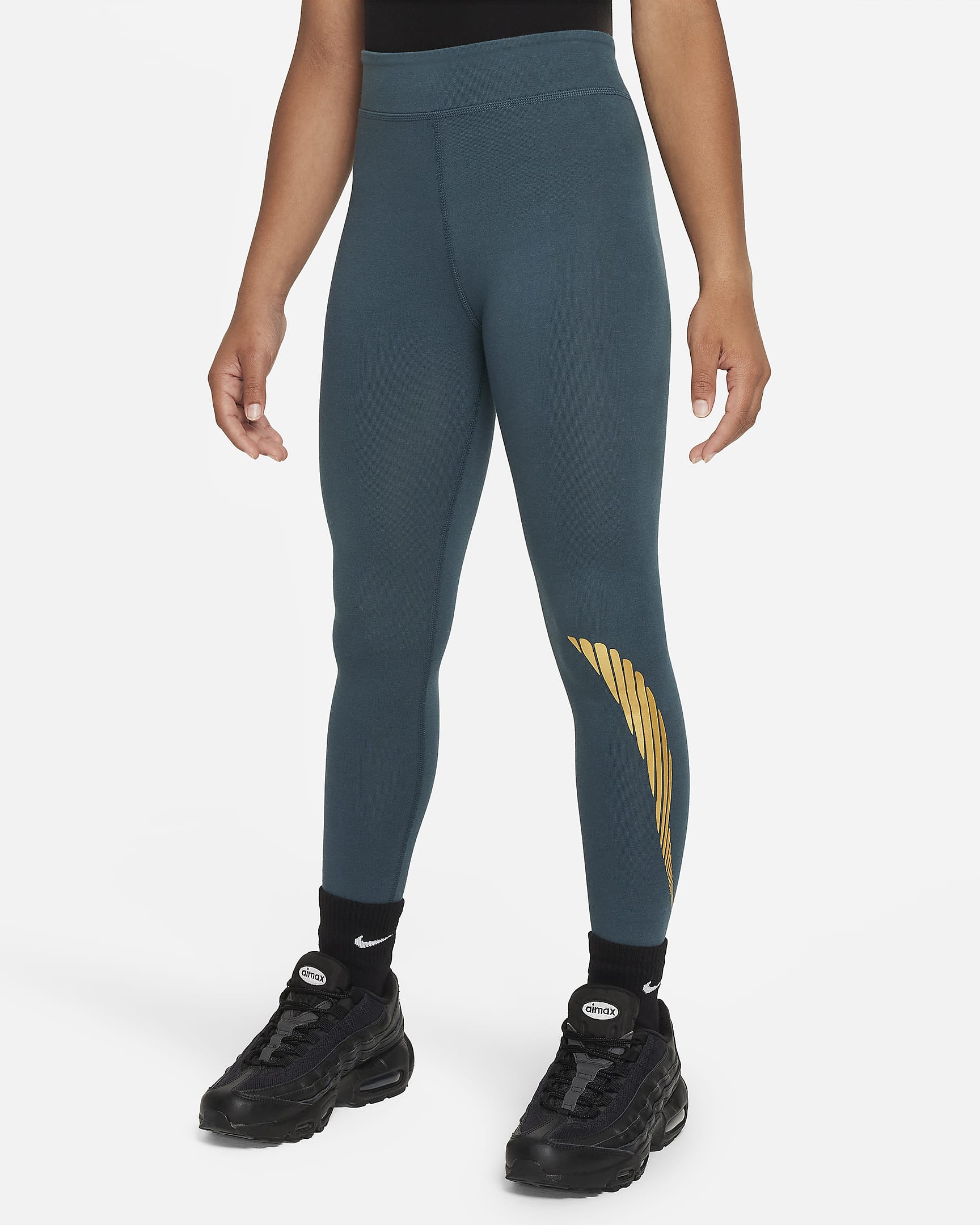Nike Sportswear Favorites 大童 (女童) 高腰內搭褲 - Deep Jungle/Metallic Gold