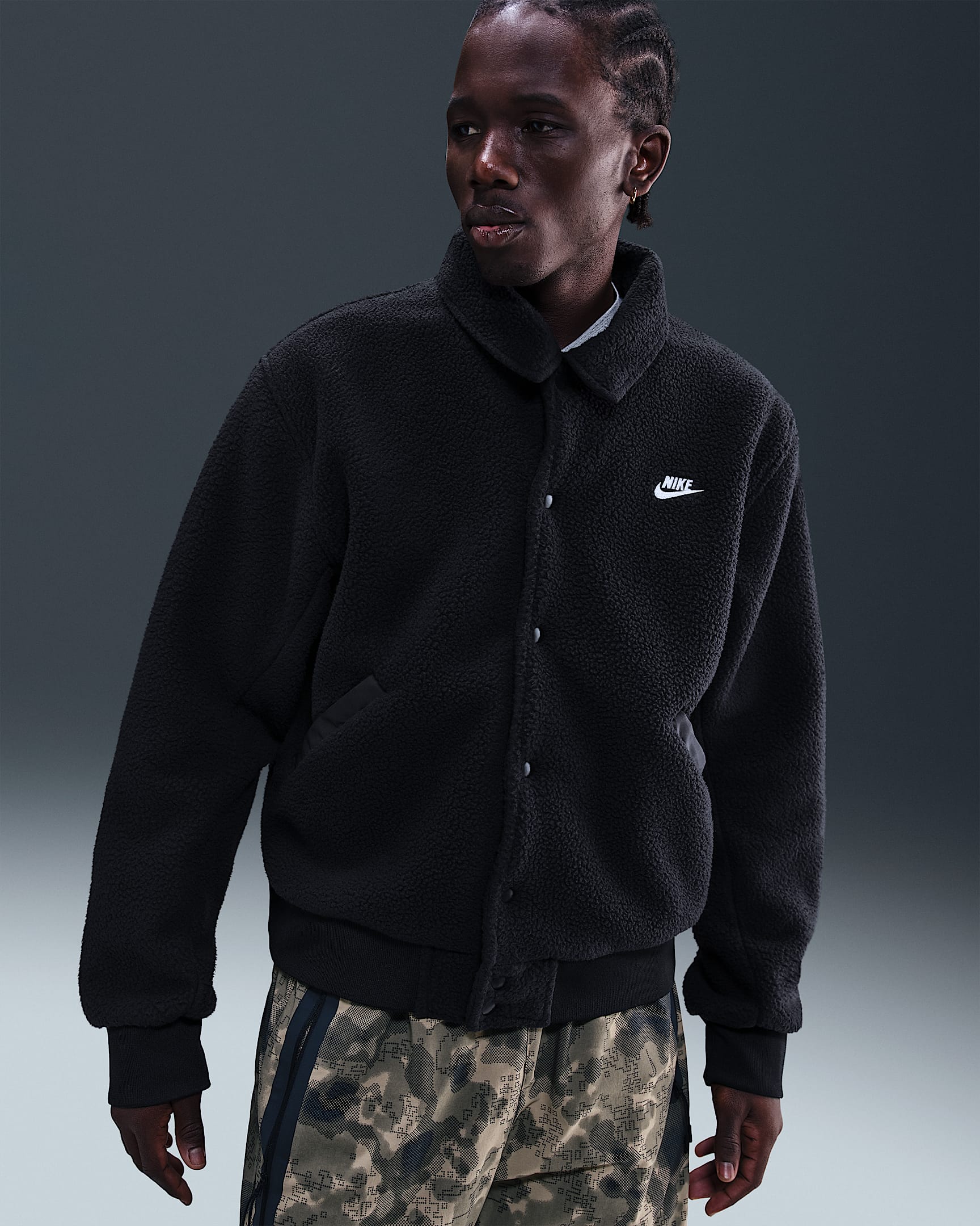 Nike Sportswear Club Men's High-Pile Fleece Coaches Jacket - Black/White