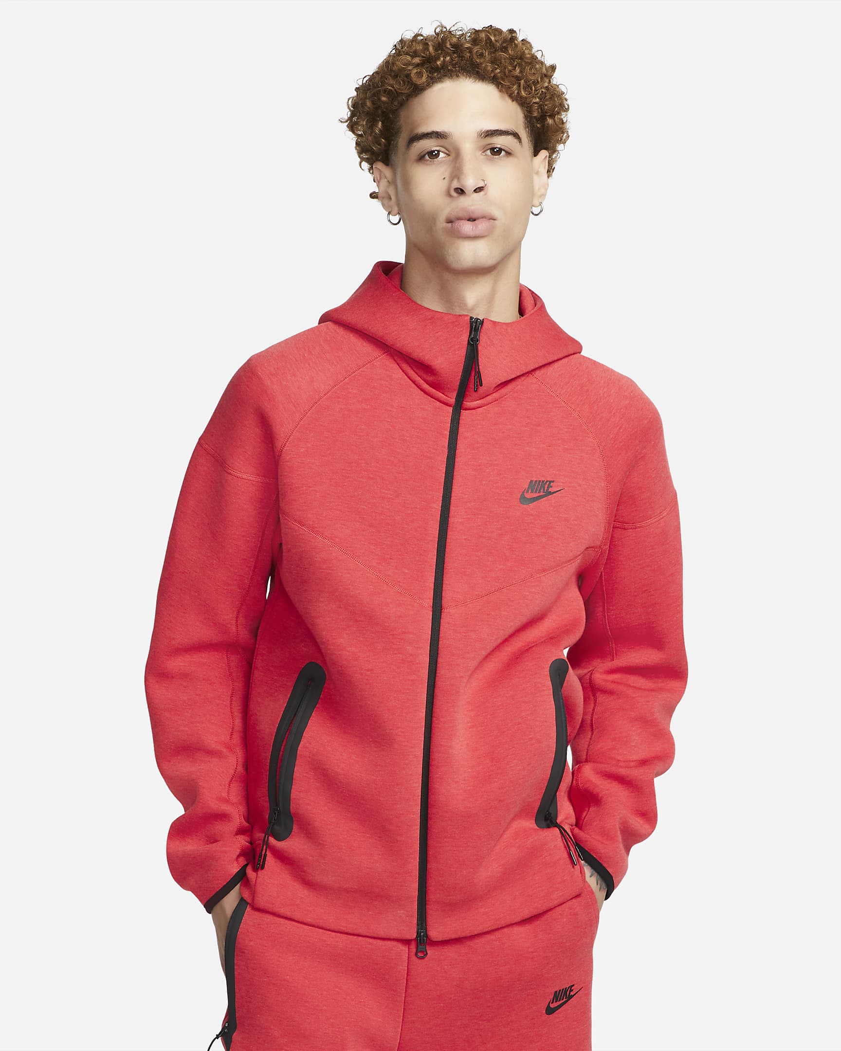 Nike Sportswear Tech Fleece Windrunner Herren-Hoodie mit durchgehendem Reißverschluss - Light University Red Heather/Schwarz