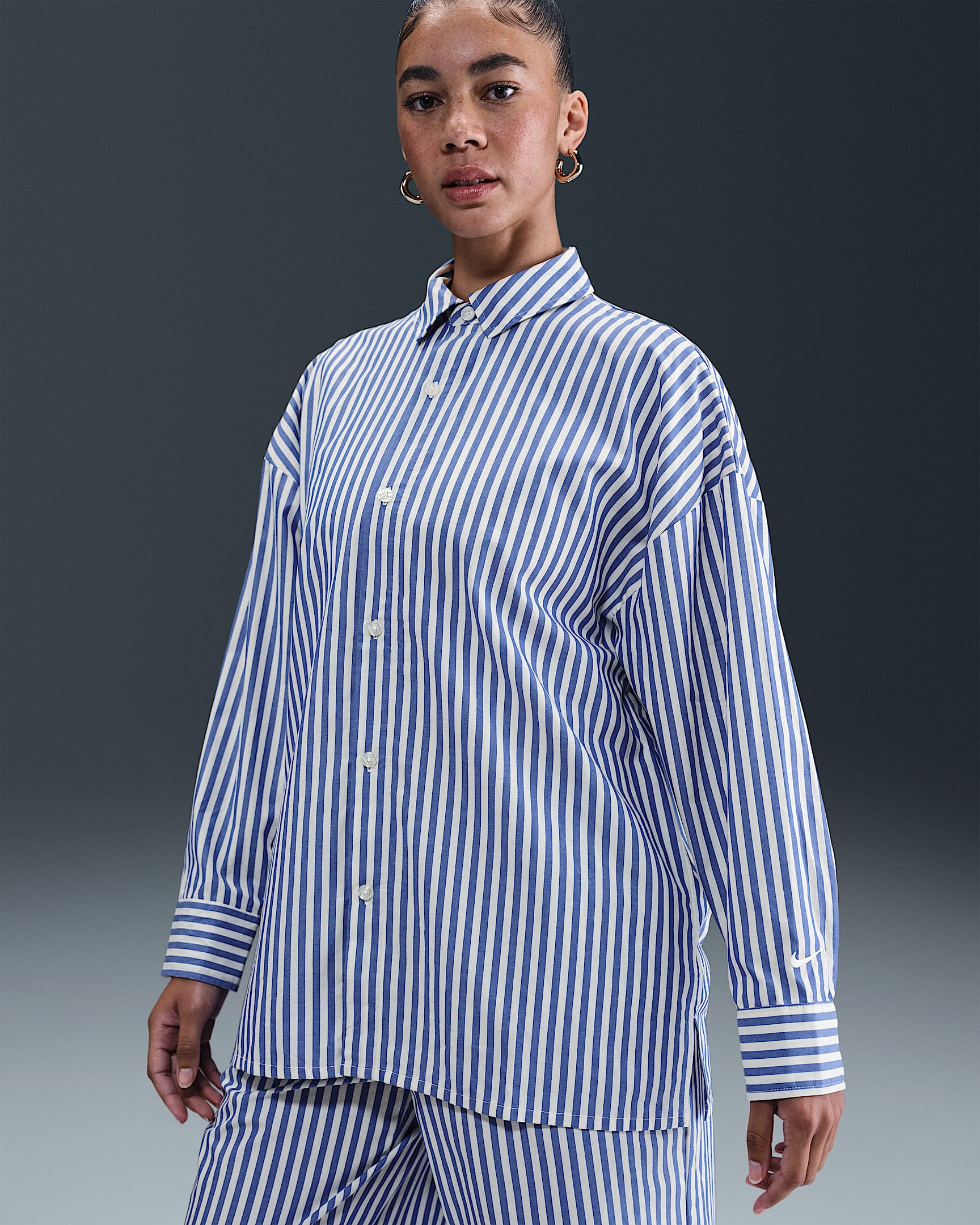 Nike Sportswear Chill Poplin Women's Oversized Striped Button-Down Top - Game Royal/Sail/Sail