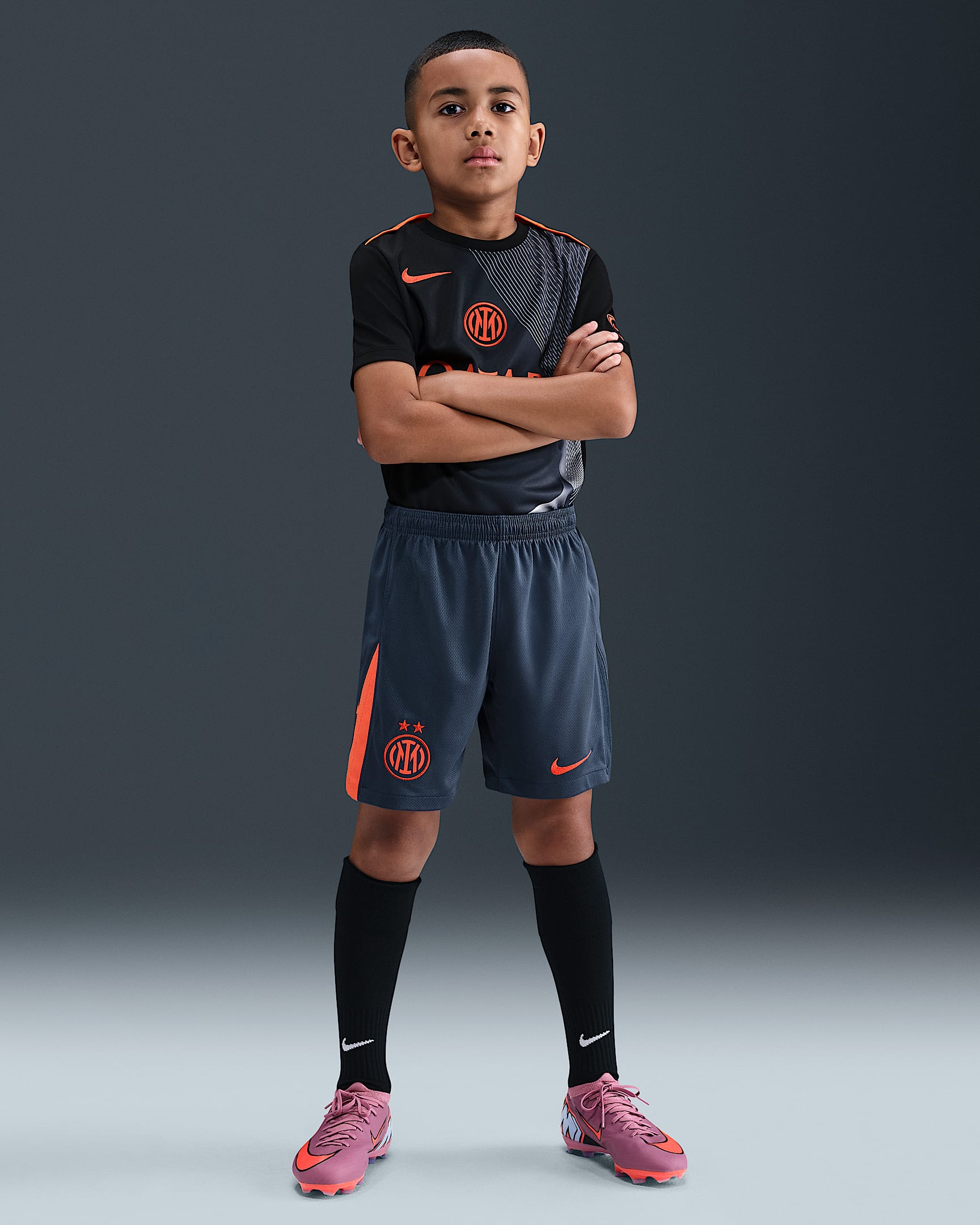 Inter Mailand 2025/26 Stadium Third Nike Dri-FIT Total 90 Replika-Fußballshorts (ältere Kinder) - Thunder Blue/Safety Orange/Safety Orange