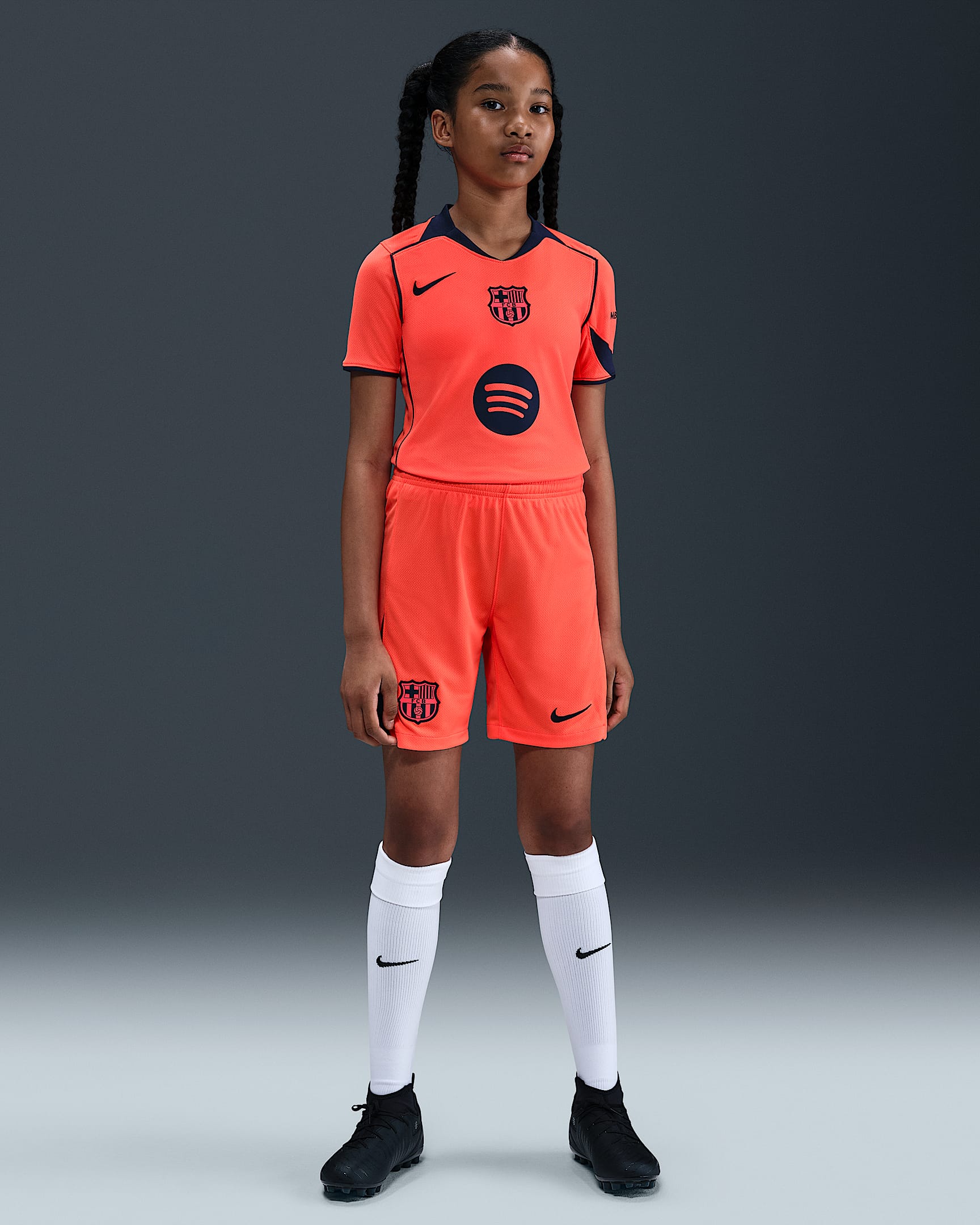 F.C. Barcelona 2025/26 Stadium Third Older Kids' Nike Dri-FIT Total 90 Football Replica Shorts - Bright Mango/Midnight Navy/Midnight Navy
