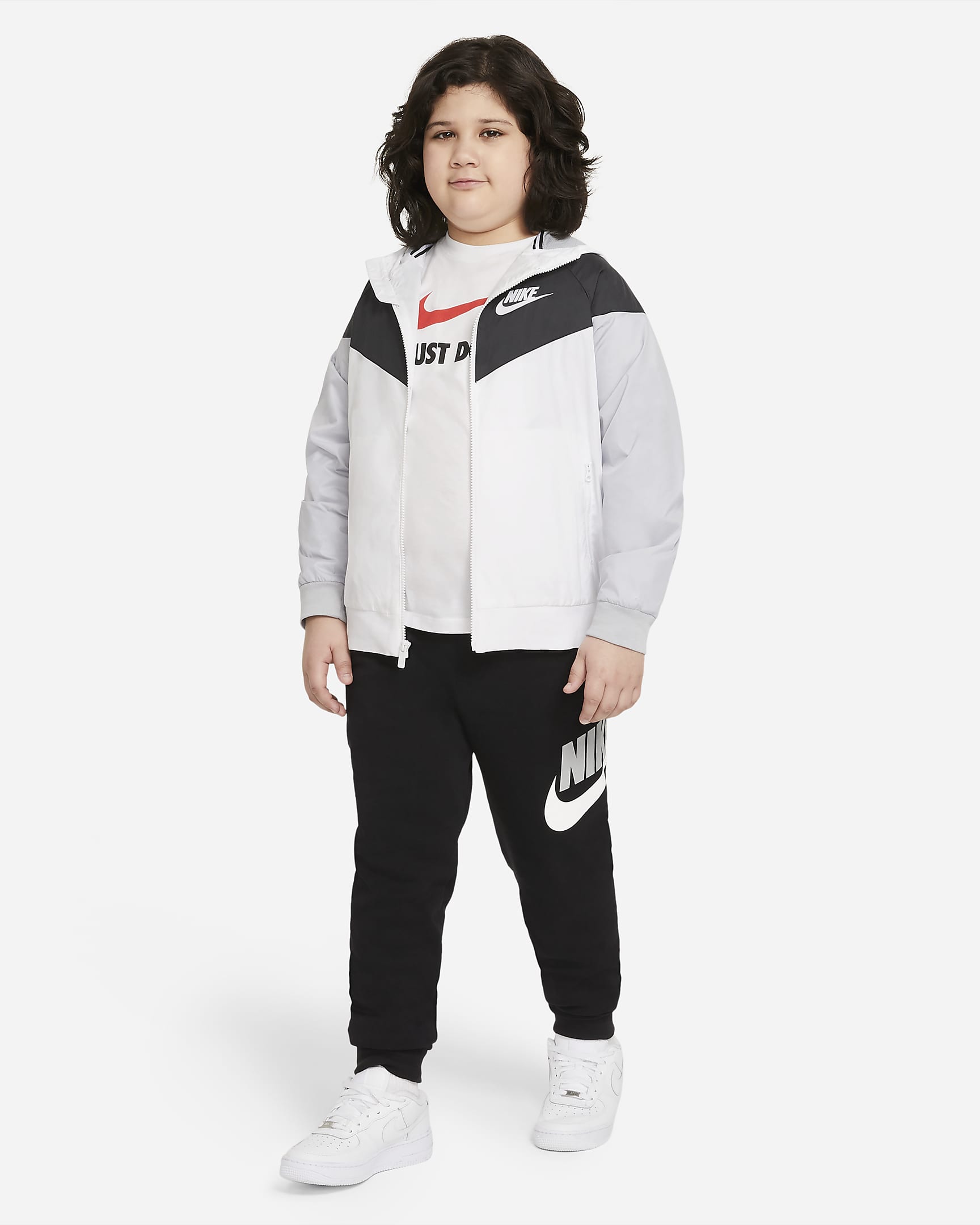 Casaco com capuz folgado com comprimento ao nível da anca Nike Sportswear Windrunner Júnior (Rapaz) (tamanhos grandes) - Branco/Preto/Cinzento Wolf/Branco