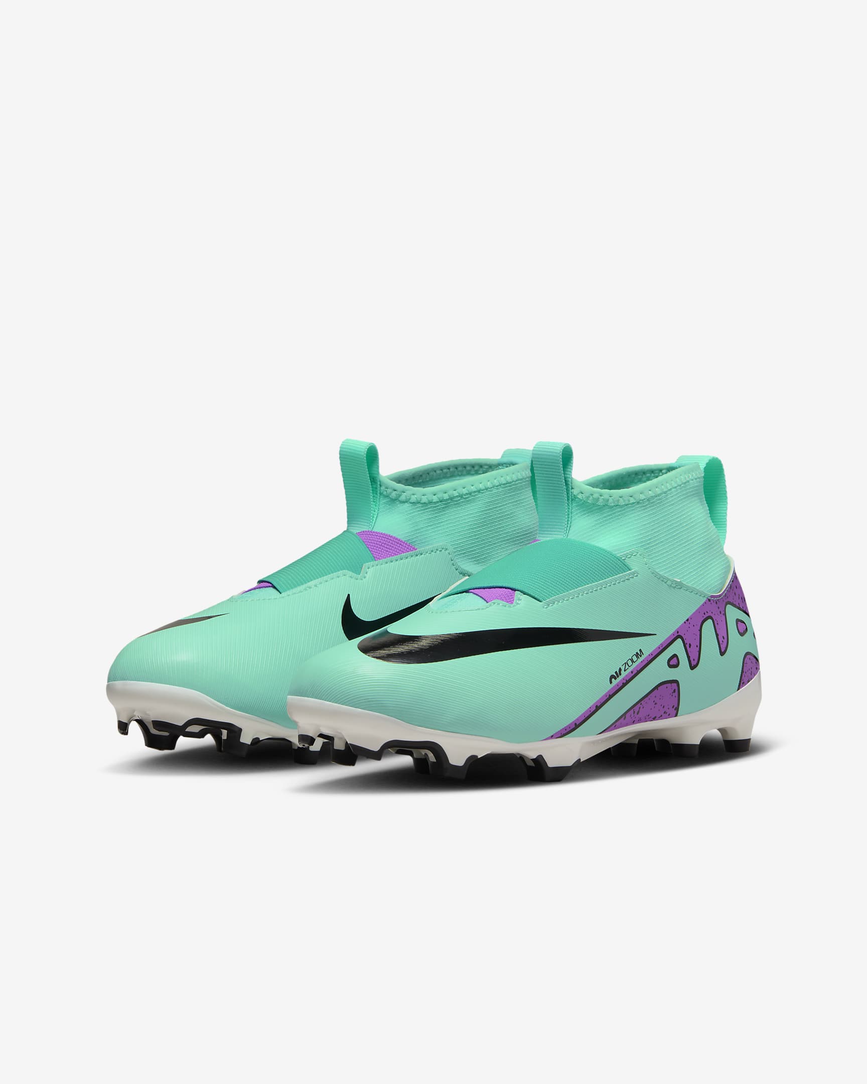 Tacos de fútbol de corte high para terrenos múltiples para niños de preescolar y grandes Nike Jr. Mercurial Superfly 9 Academy - Hiperturquesa/Negro/Blanco/Sueño fucsia