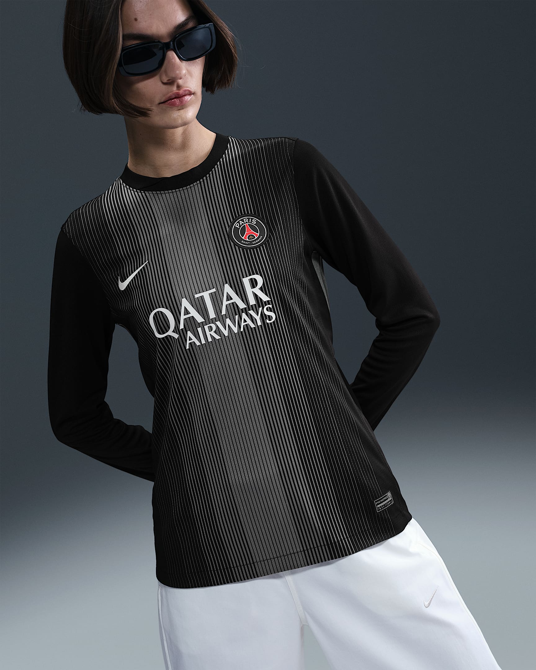Equipación de portero/a Stadium París Saint-Germain 2025/26 Camiseta de fútbol de manga larga Replica Nike Dri-FIT - Mujer - Negro/Smoke Grey/Blanco