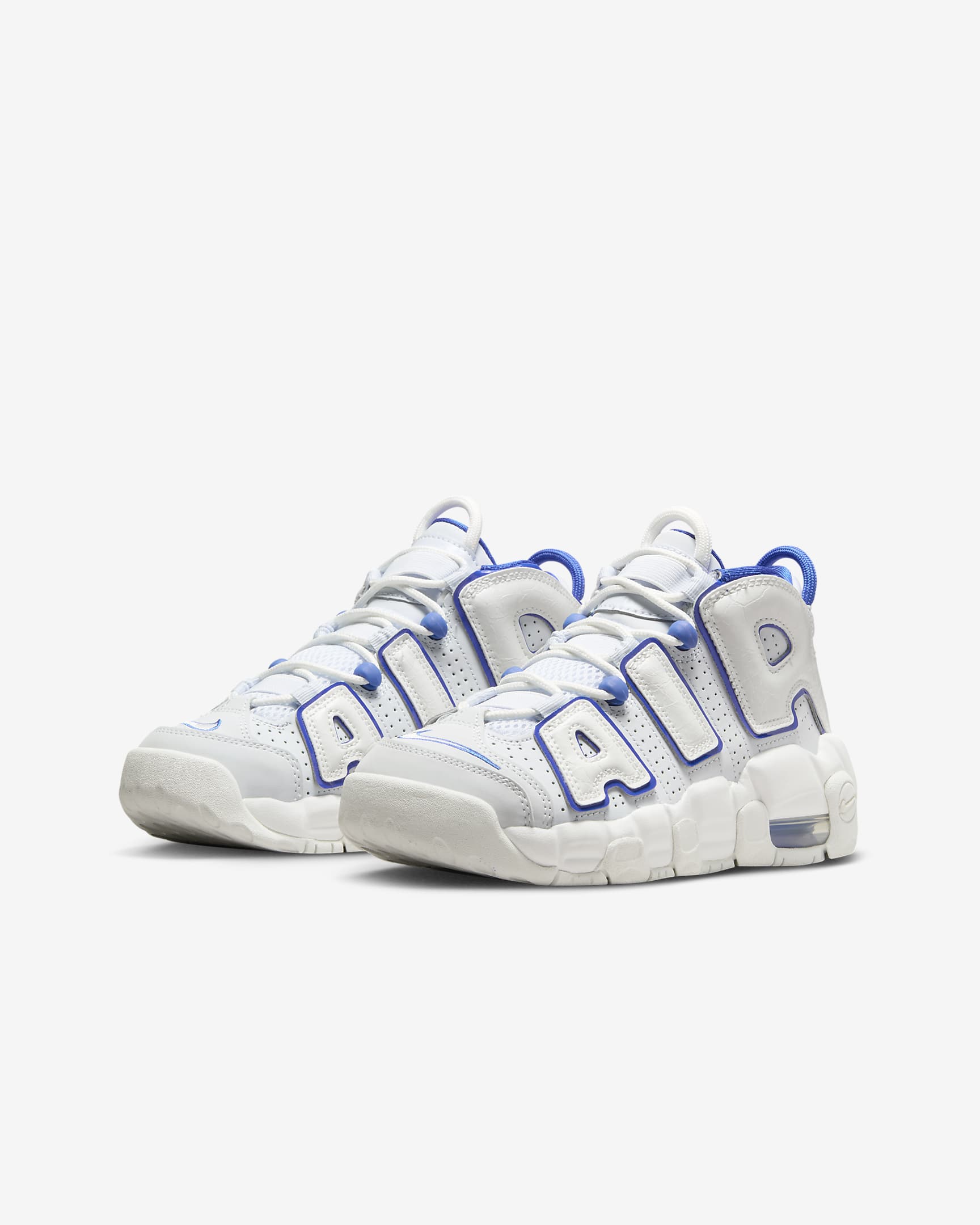 Tenis para niños grandes Nike Air More Uptempo - Blanco cumbre/Gris fútbol/Azul carrera