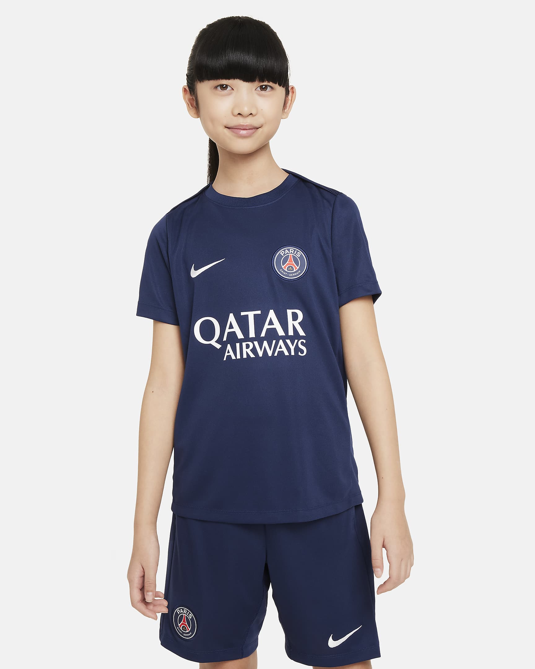 Maskinstrikket Paris Saint-Germain Academy Pro Nike Dri-FIT-fodboldtrøje med korte ærmer til større børn - Midnight Navy/hvid