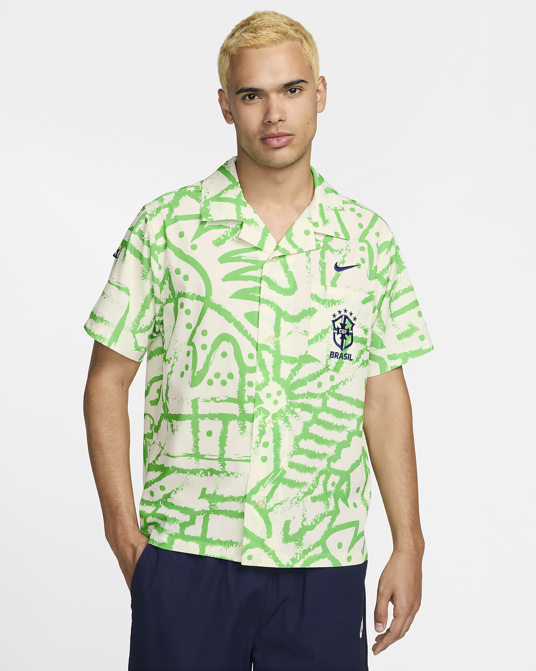 Brazil Nike Short-Sleeve Bowling Shirt - Alabaster/Light Green Spark/Deep Royal Blue