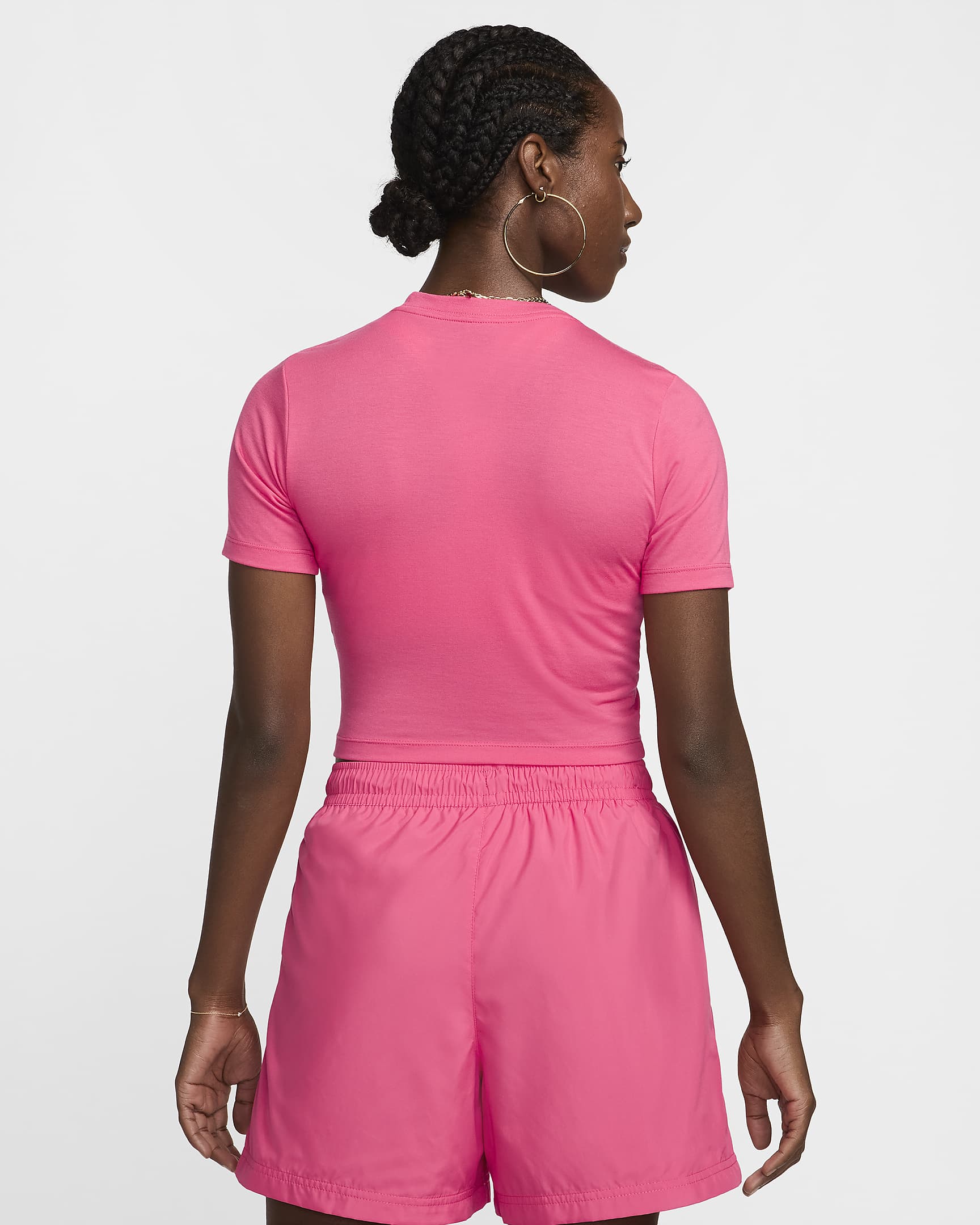 T-shirt recortada estreita Nike Sportswear Essential para mulher - Rosa Aster/Rosa Aster/Branco