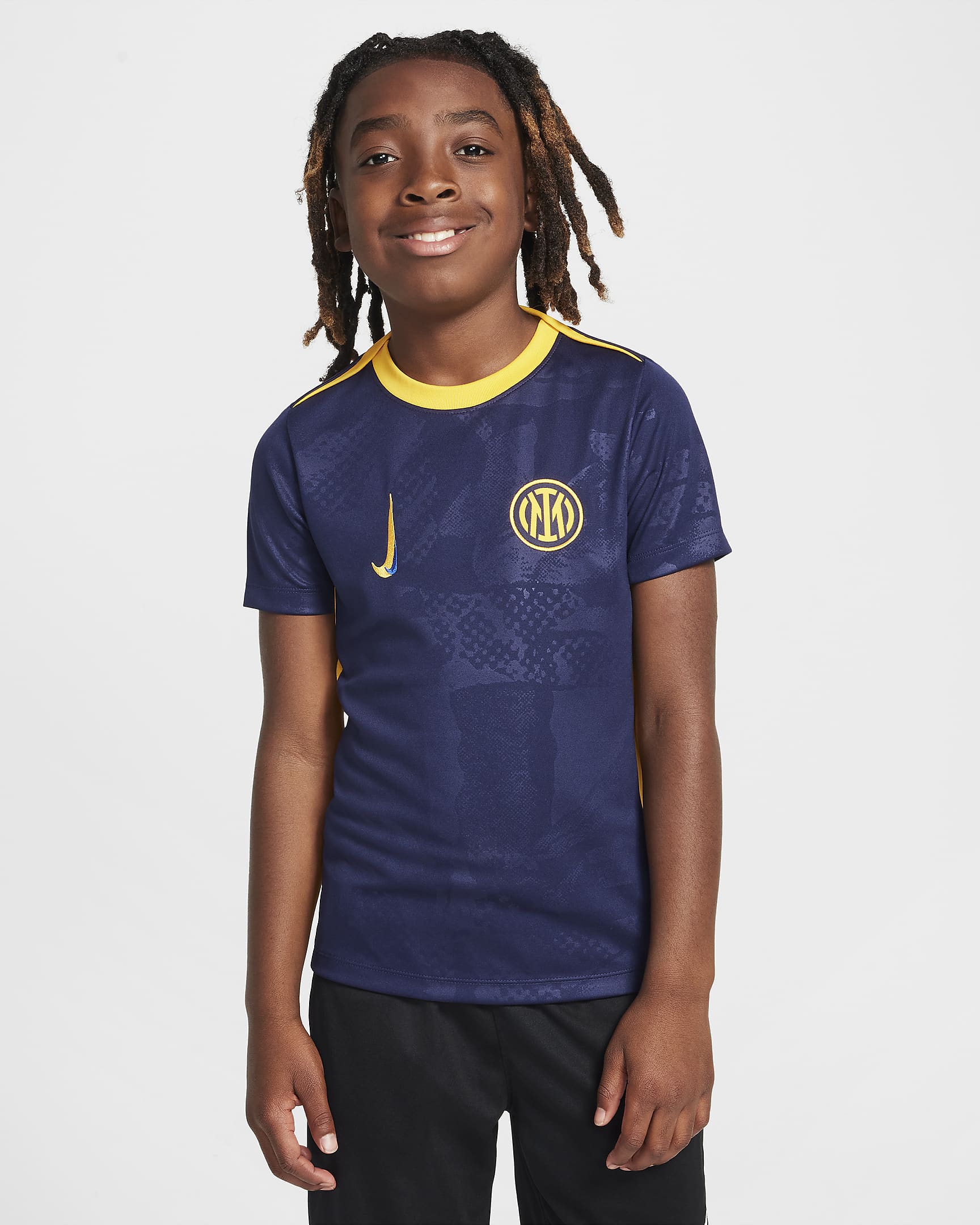 Przedmeczowa koszulka piłkarska dla dużych dzieci Nike Dri-FIT Inter Mediolan Academy Pro (wersja trzecia) - Blackened Blue/University Gold/Lyon Blue