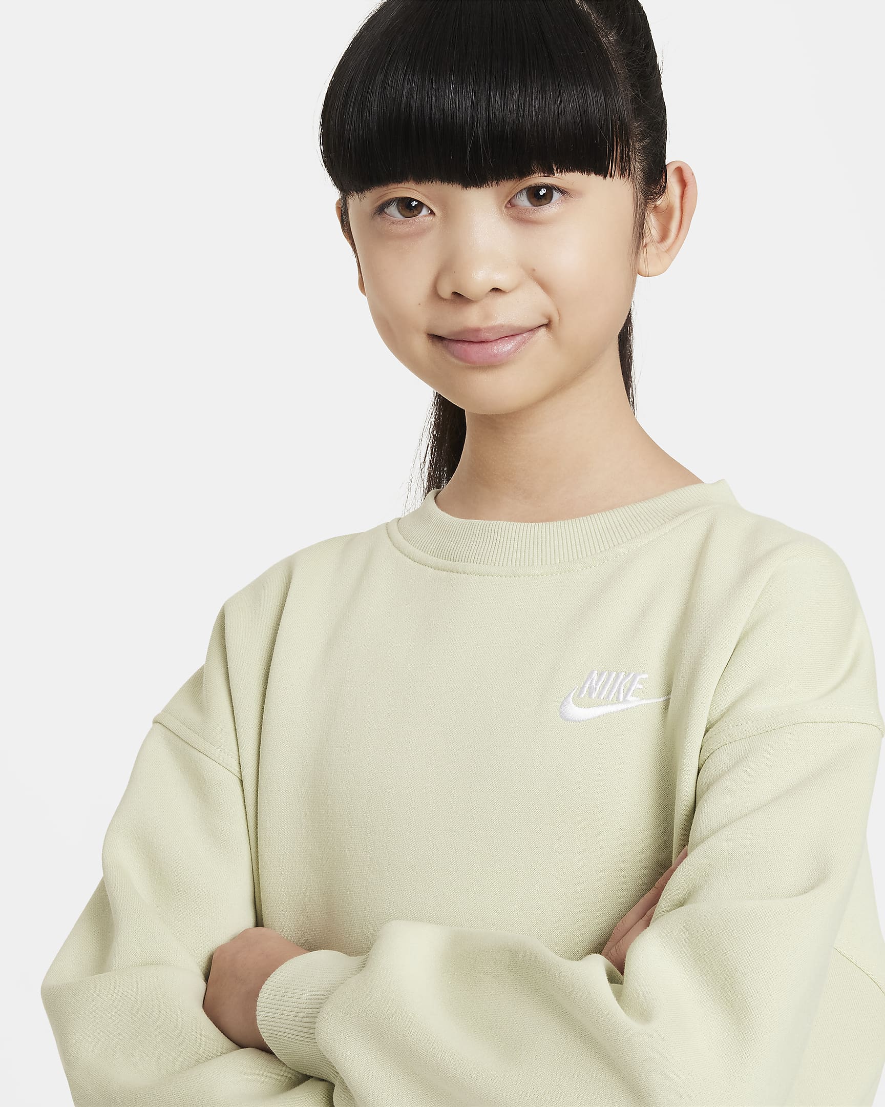 Nike Sportswear Club Fleece Older Kids' Oversized Sweatshirt - Olive Aura/White