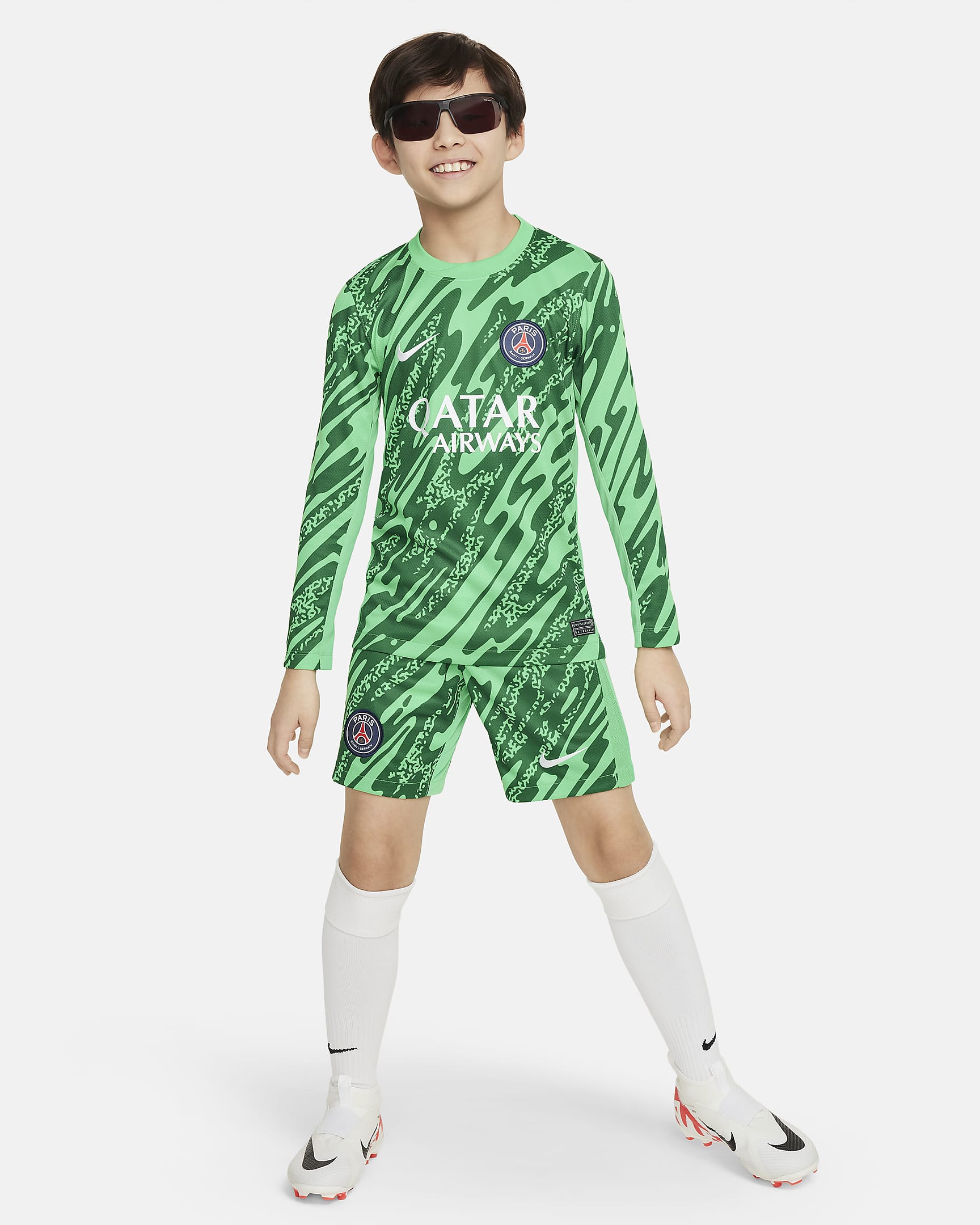 Spodenki piłkarskie dla dużych dzieci Nike Dri-FIT Paris Saint-Germain Goalkeeper Stadium 2024/25 (replika) - Green Spark/Pine Green/Biel